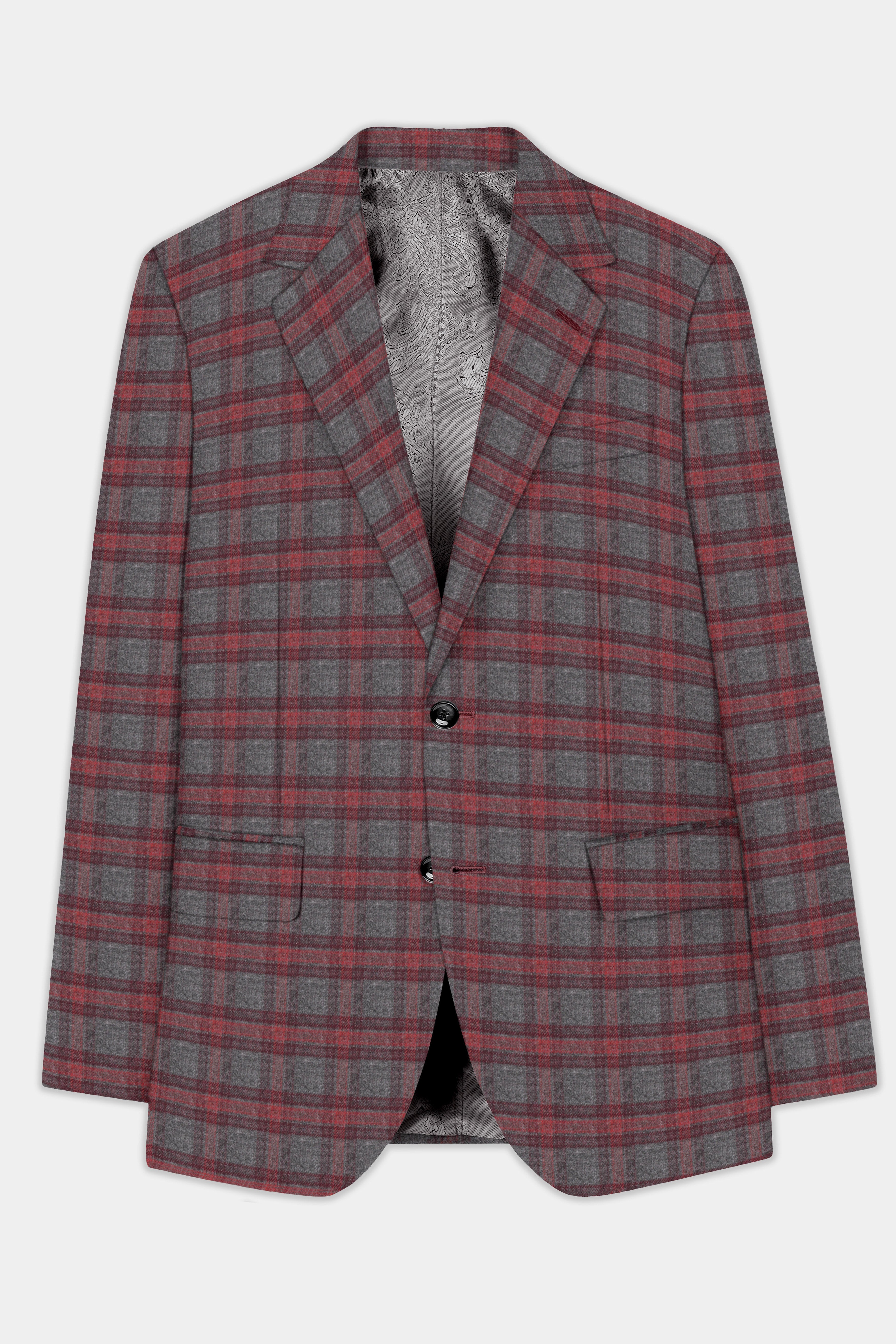 Tuscany-Chicago Gray And Tosca Red Plaid Tweed Single Breasted Blazer