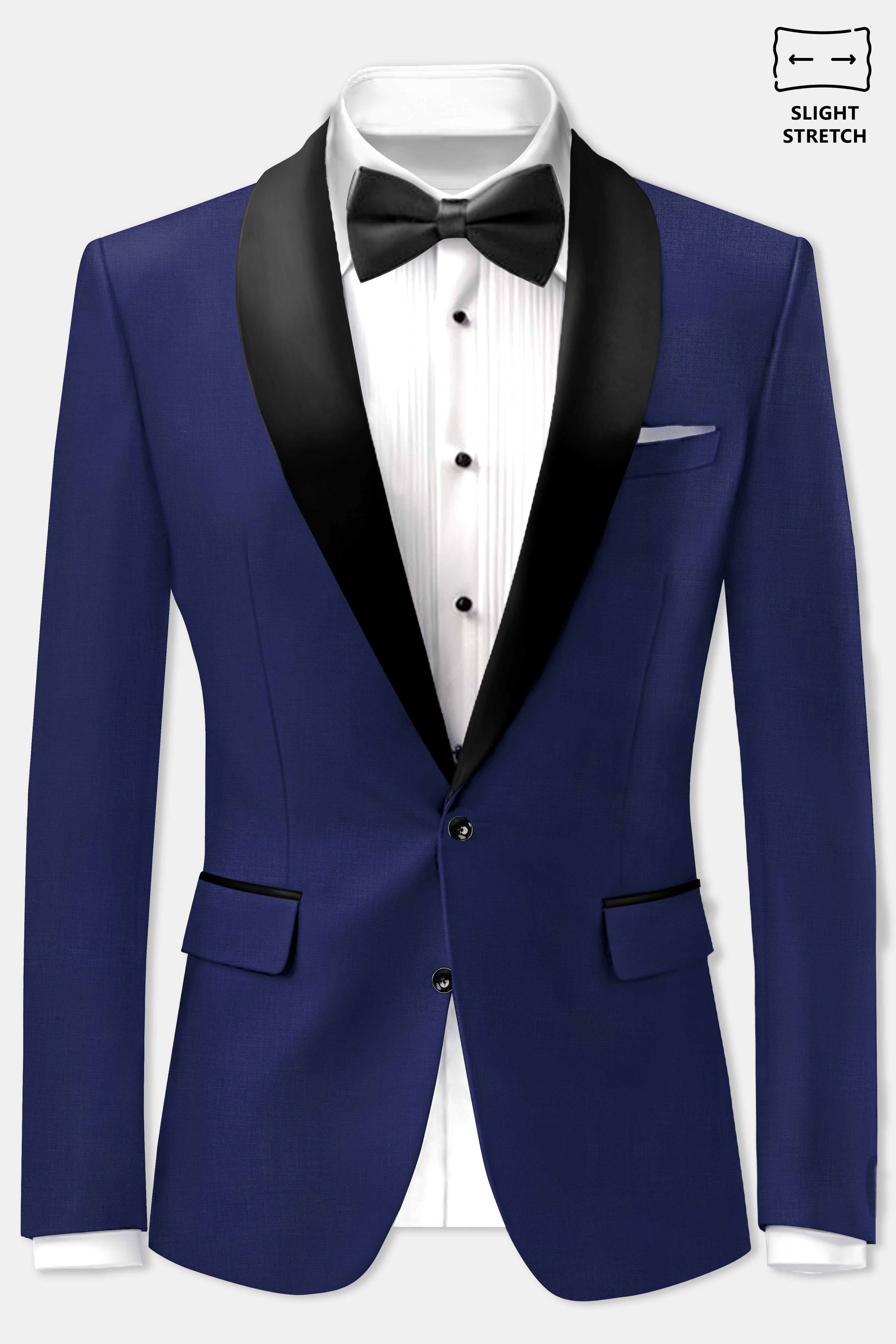 Celestia- Blue Solid Wool Rich Tuxedo Slight Stretch Blazer