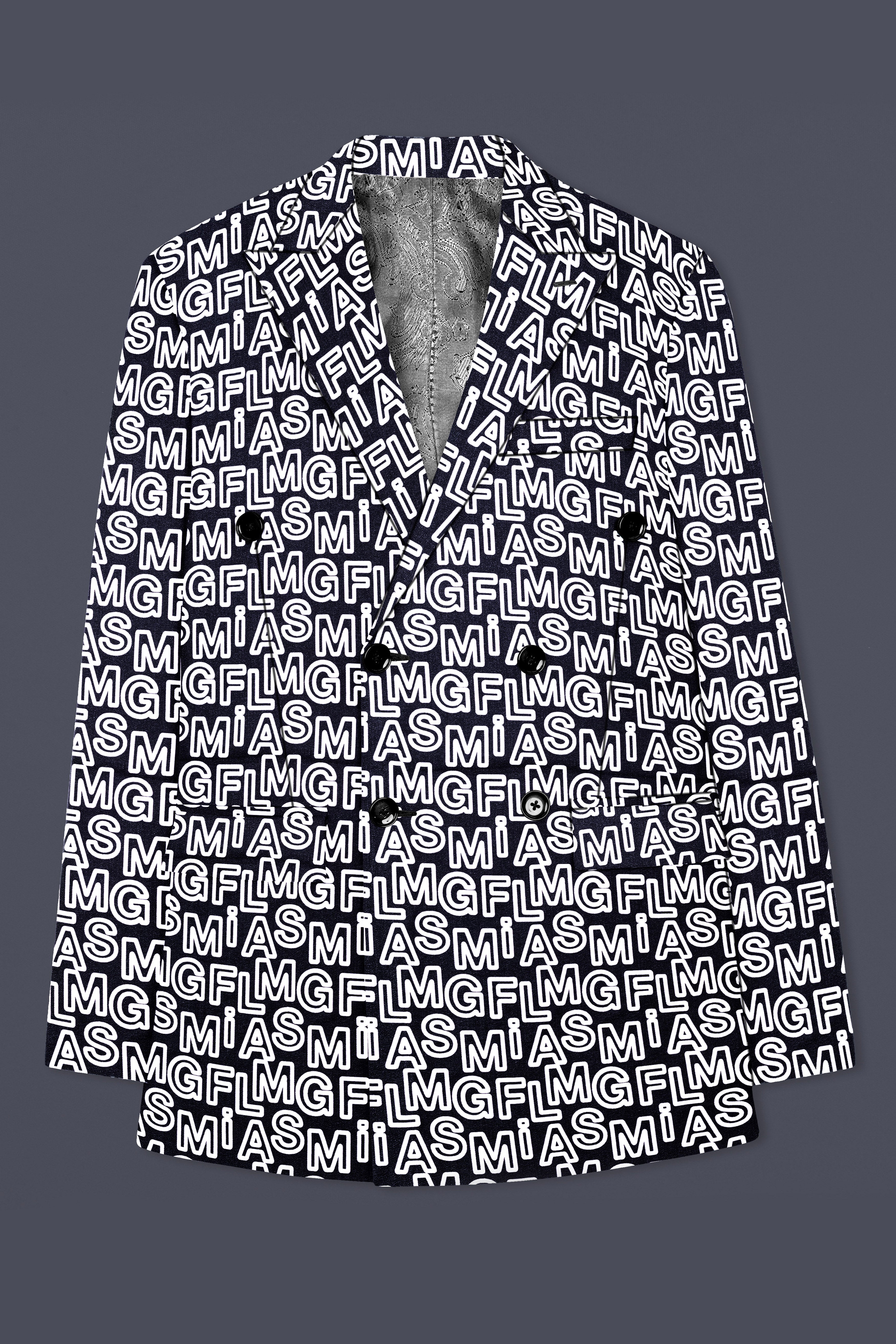 Jaguar Black And Bright White Alphabets Printed Premium Cotton Designer Double Breasted Blazer