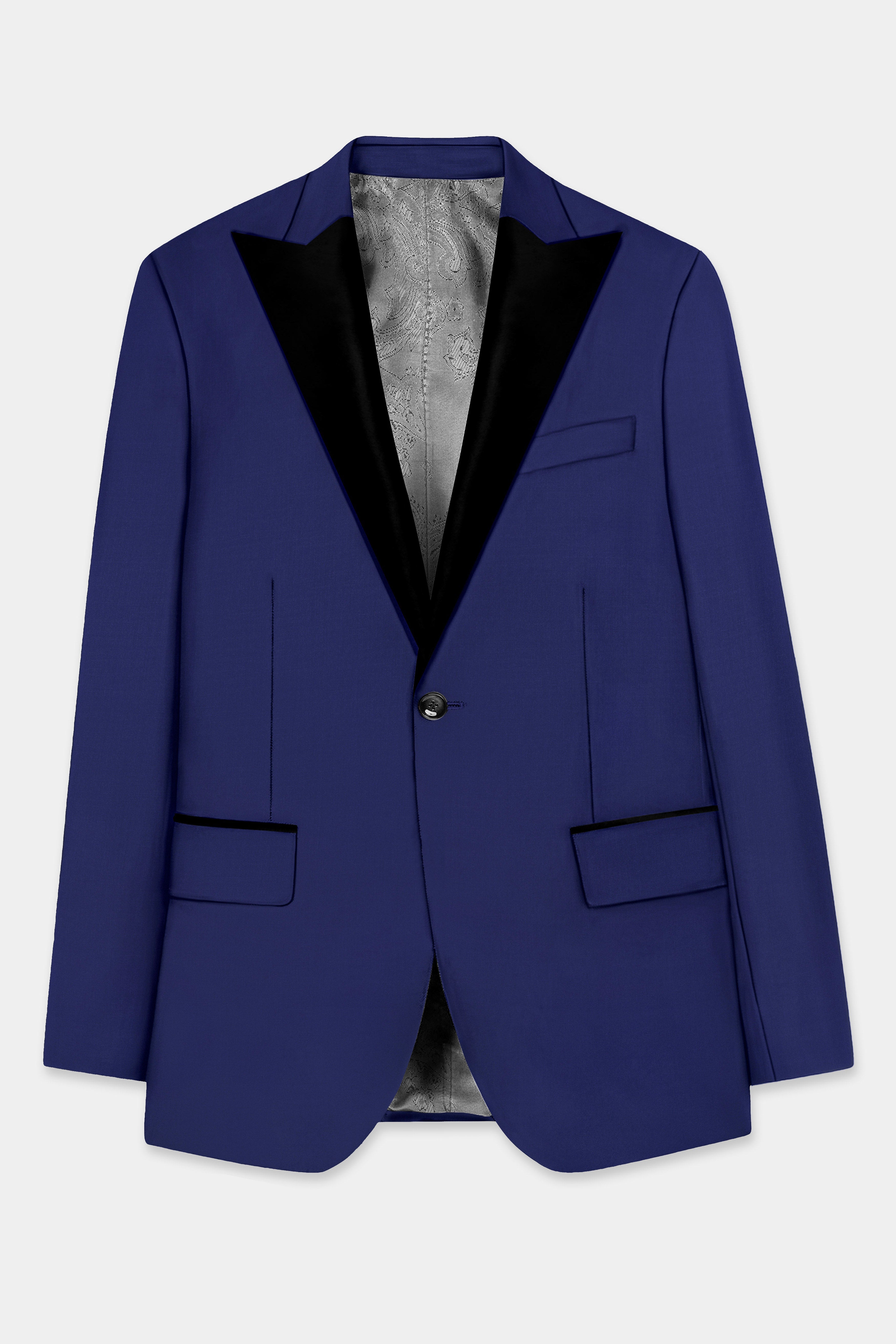 Celestia- Blue Solid Wool Rich Peak Lapel Tuxedo Slight Stretch Blazer