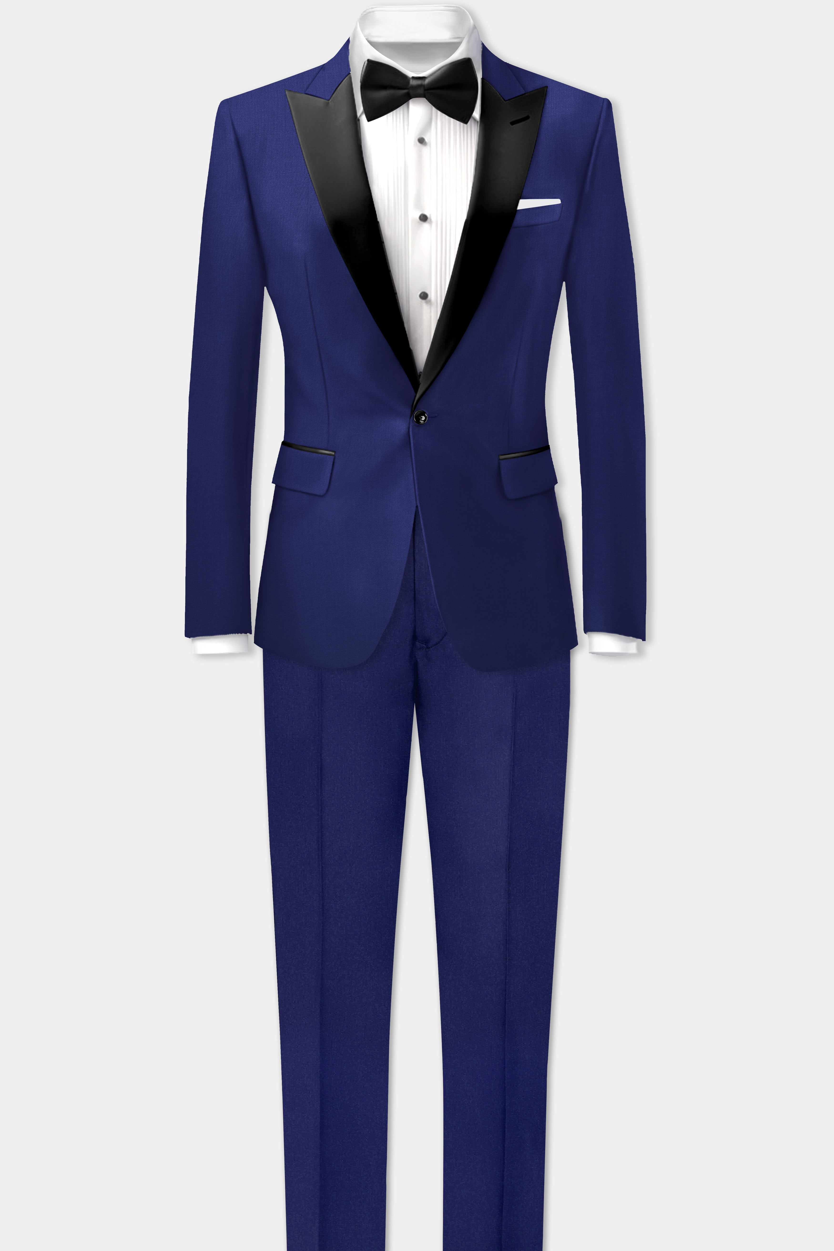 Celestia- Blue Solid Wool Rich Peak Lapel Tuxedo Slight Stretch Blazer