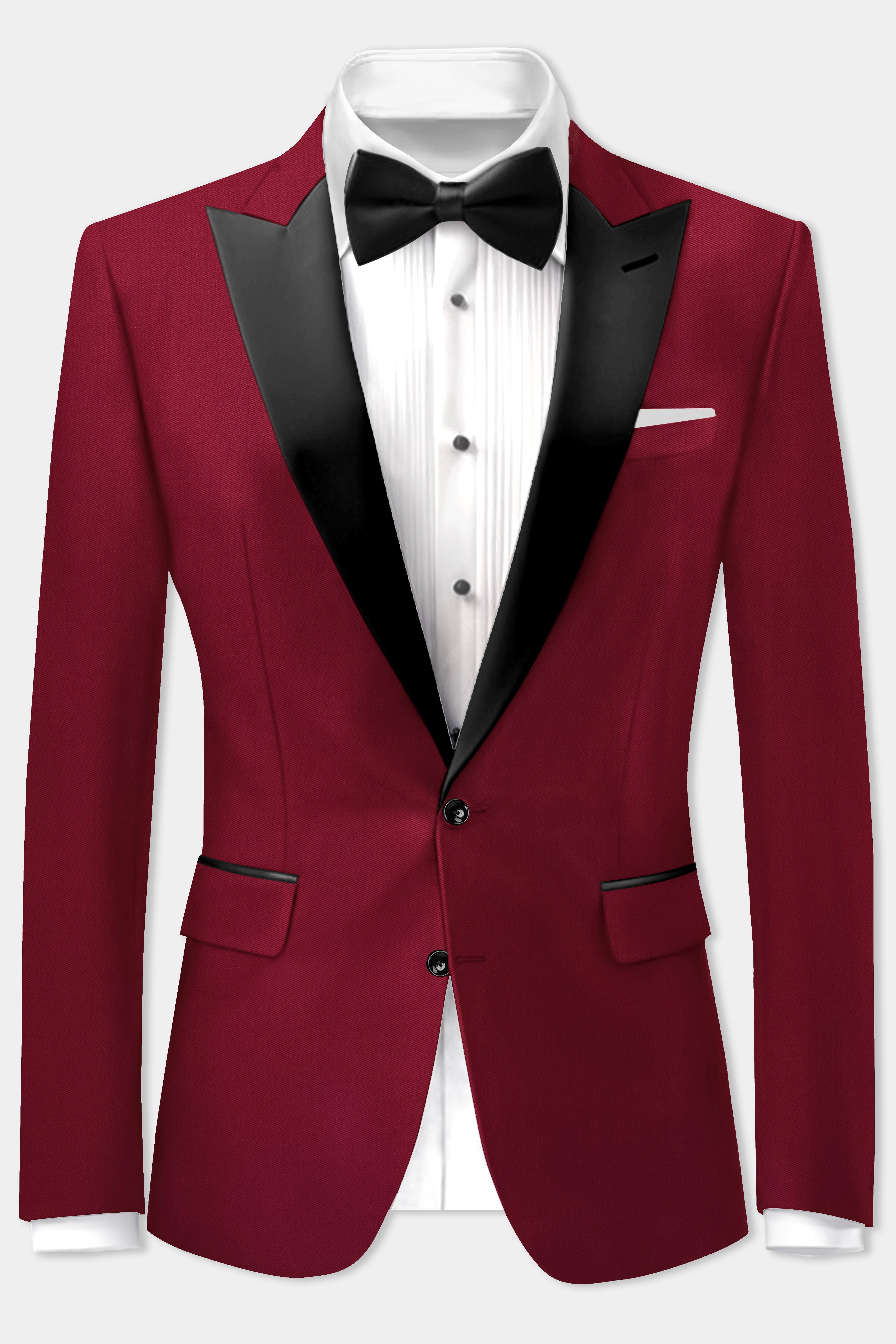 CrimsonAce-Cherry Red Solid Wool Rich Peak Lapel Tuxedo Blazer