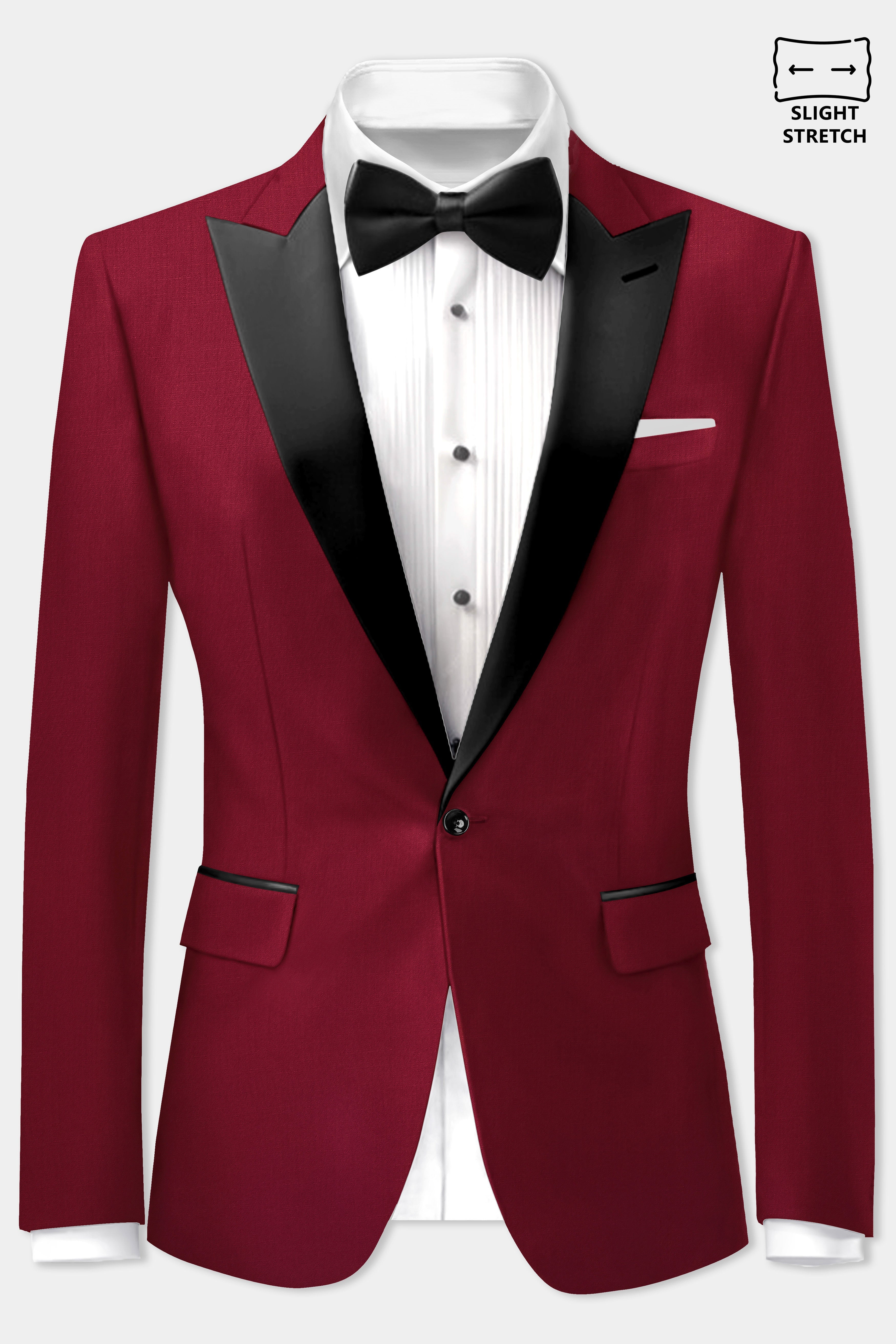 CrimsonAce-Cherry Red Solid Wool Rich Peak Lapel Tuxedo Slight Stretch Blazer