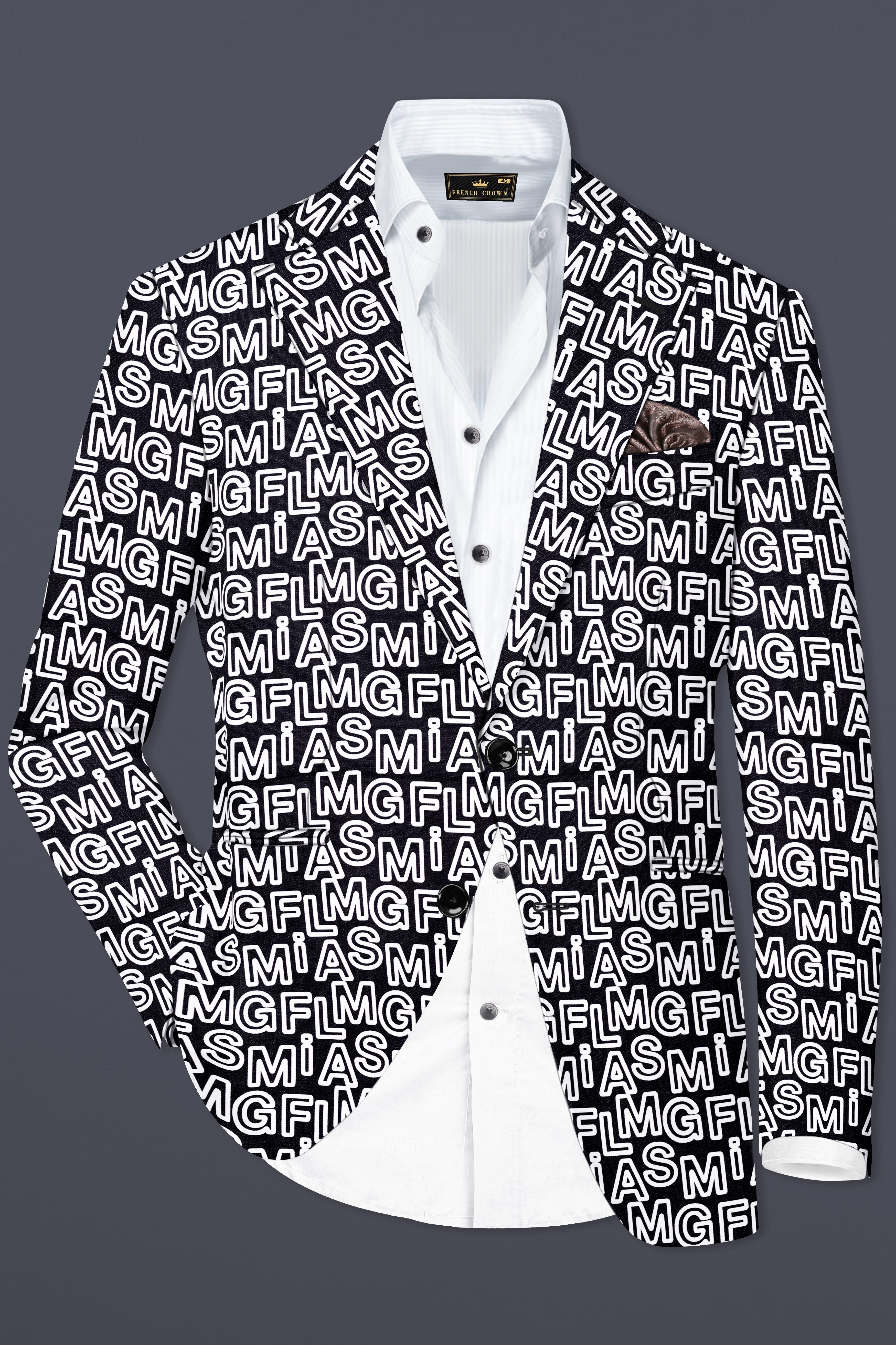 Jaguar Black And Bright White Alphabets Printed Premium Cotton Designer Single Breasted Blazer