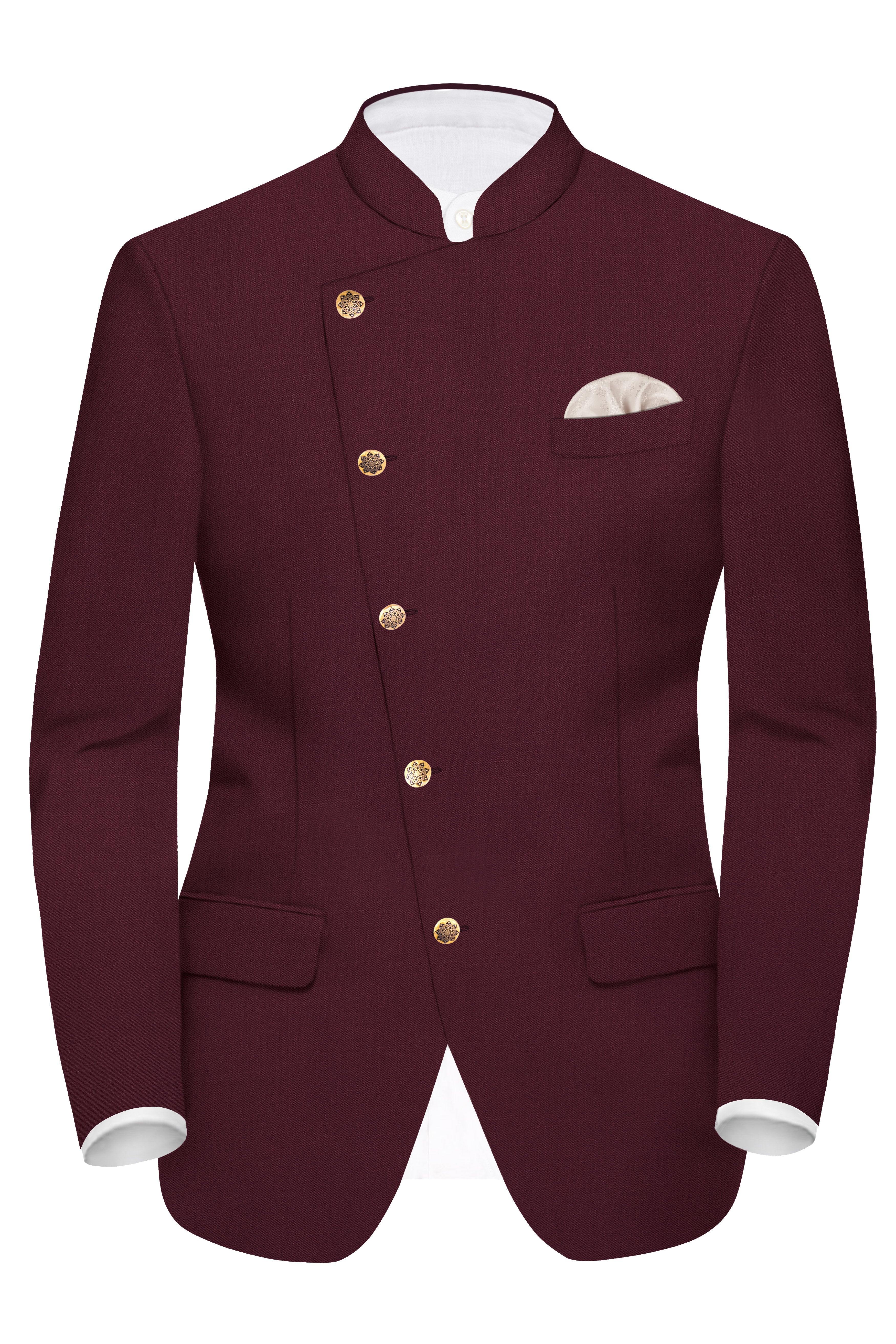 Merlot-Wine Berry Solid Wool Rich Cross Placket Bandhgala Blazer