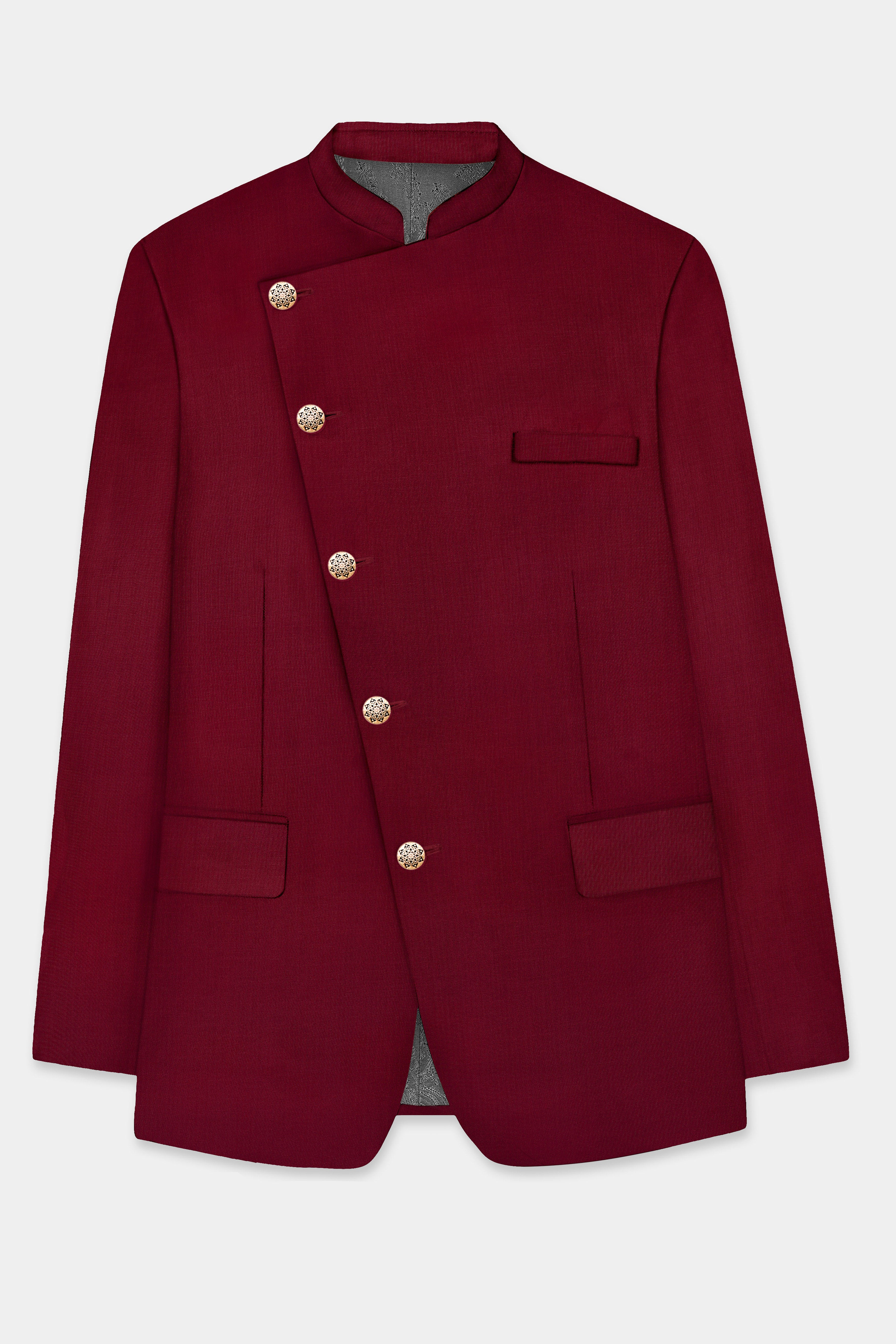 CrimsonAce-Cherry Red Solid Wool Rich Cross Placket Bandhgala Blazer