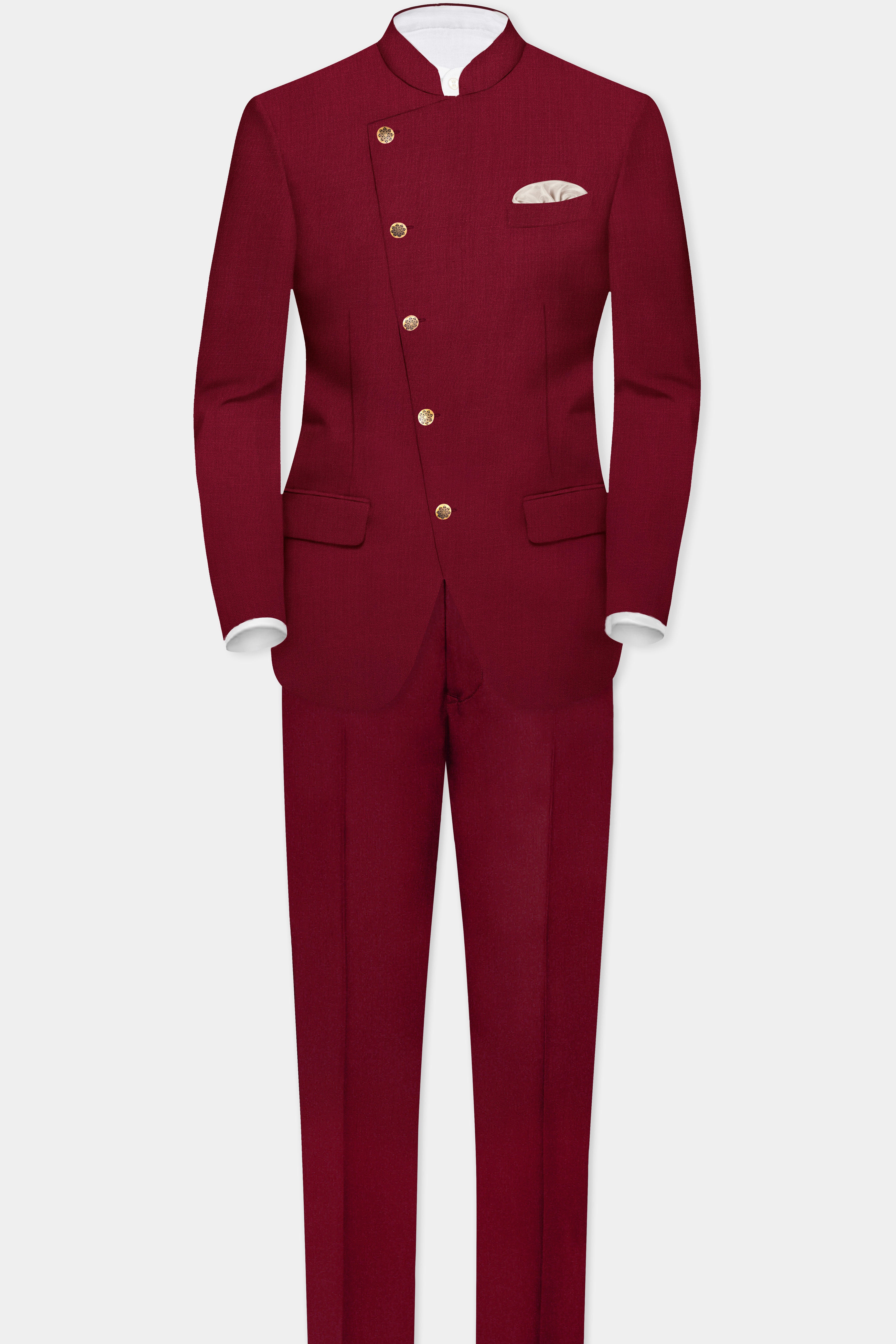 CrimsonAce-Cherry Red Solid Wool Rich Cross Placket Bandhgala Blazer