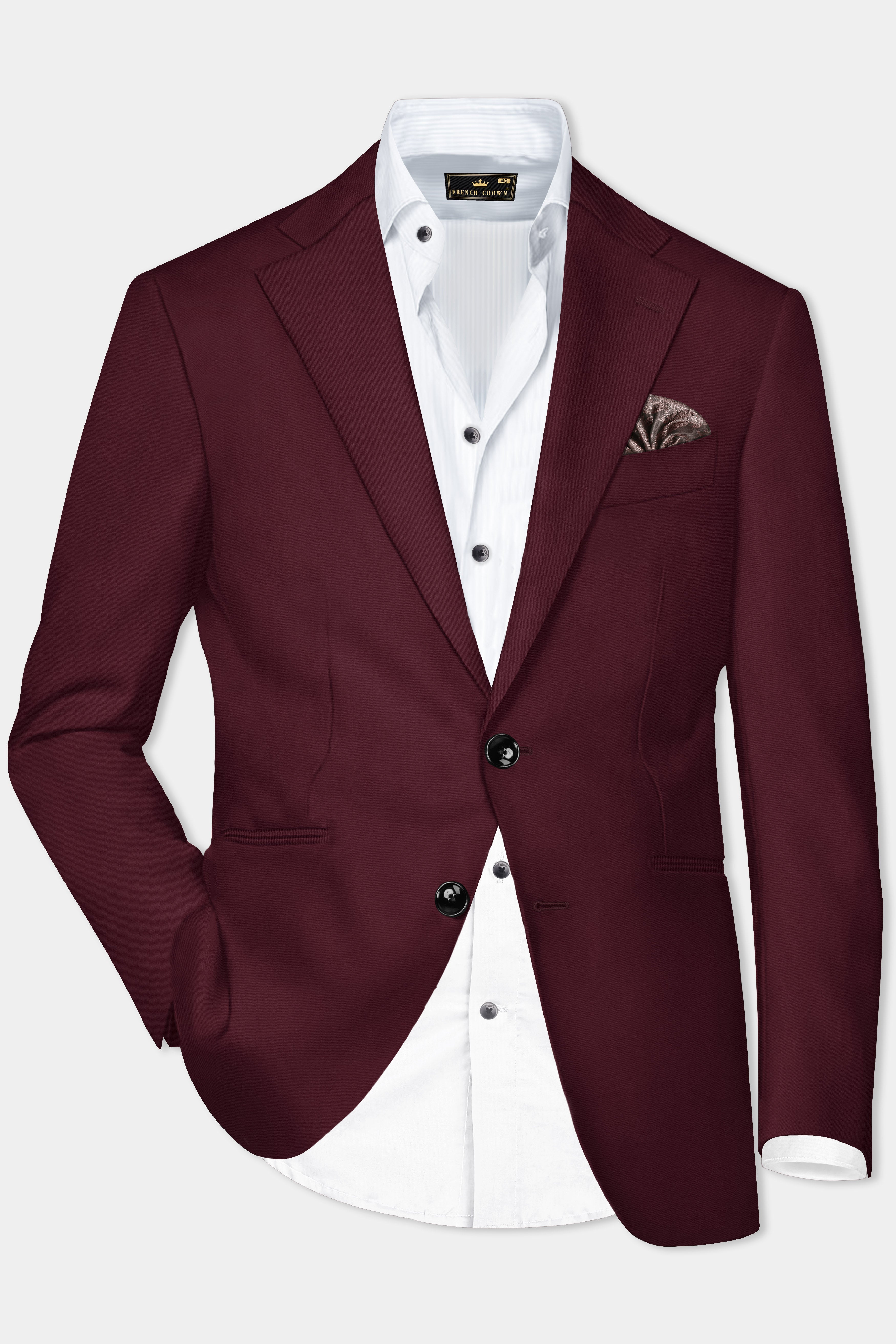 Merlot-Wine Berry Solid Wool Rich Single Breasted Blazer