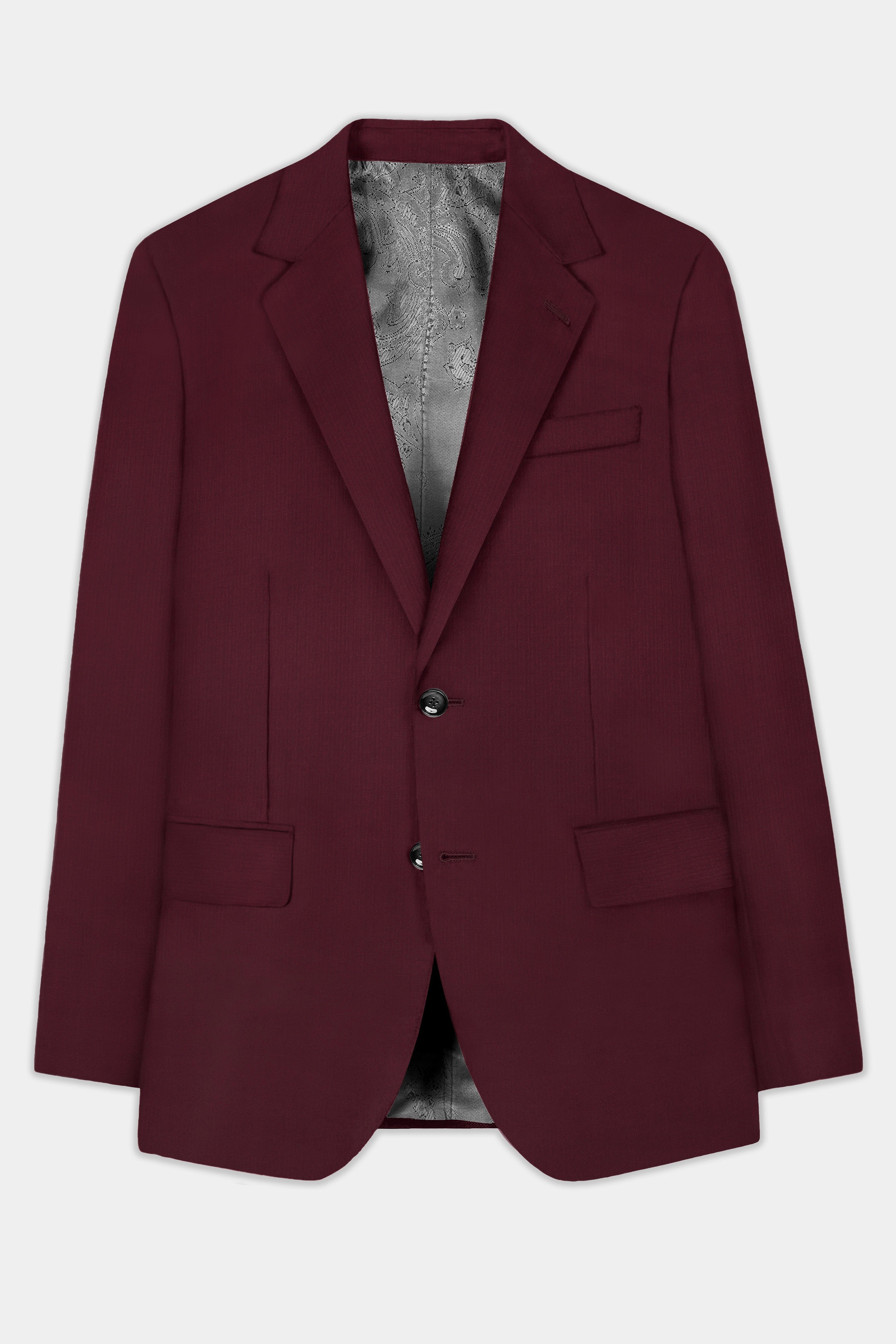 Merlot-Wine Berry Solid Wool Rich Single Breasted Blazer