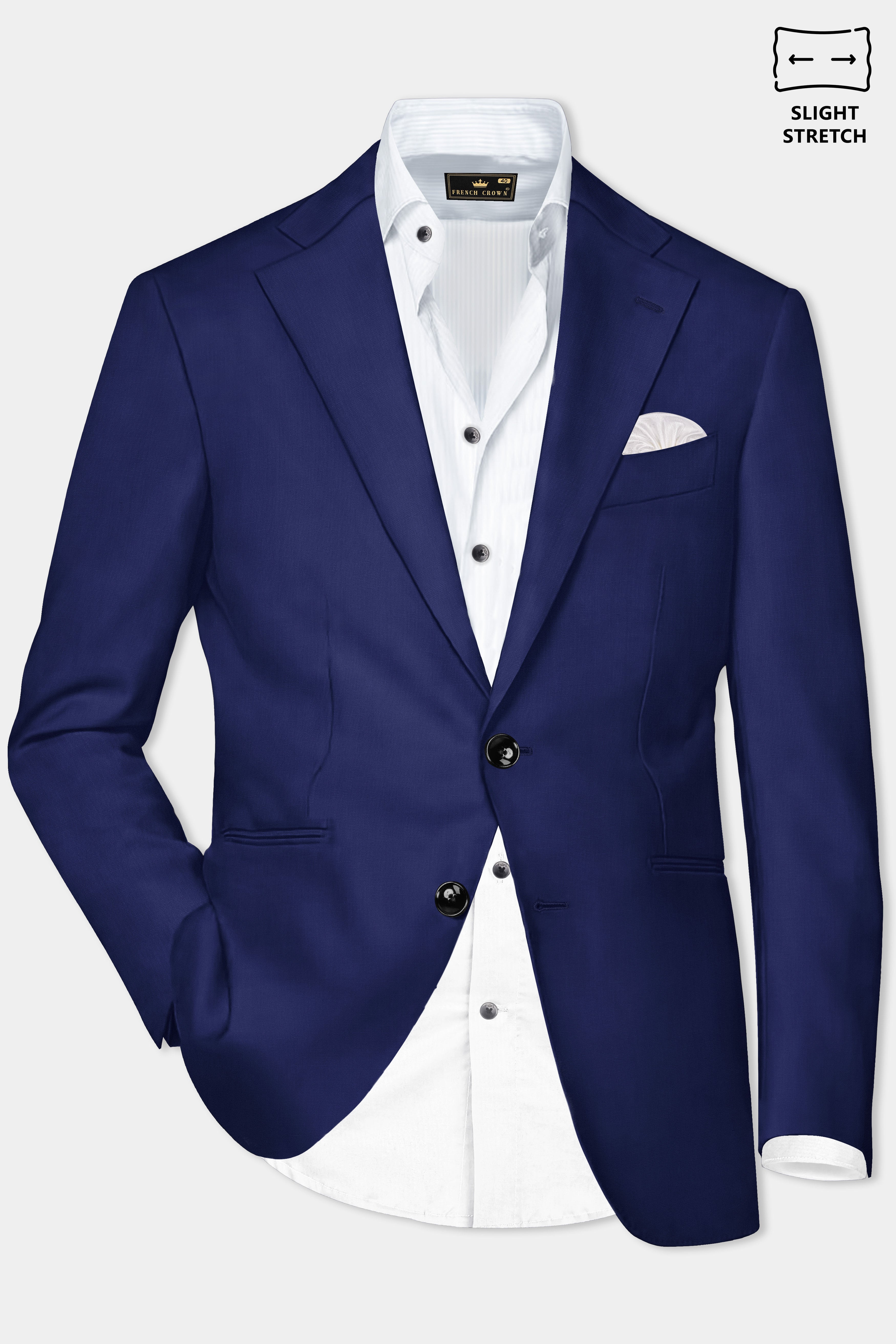 Celestia- Blue Solid Wool Rich Single Breasted Slight Stretch Blazer
