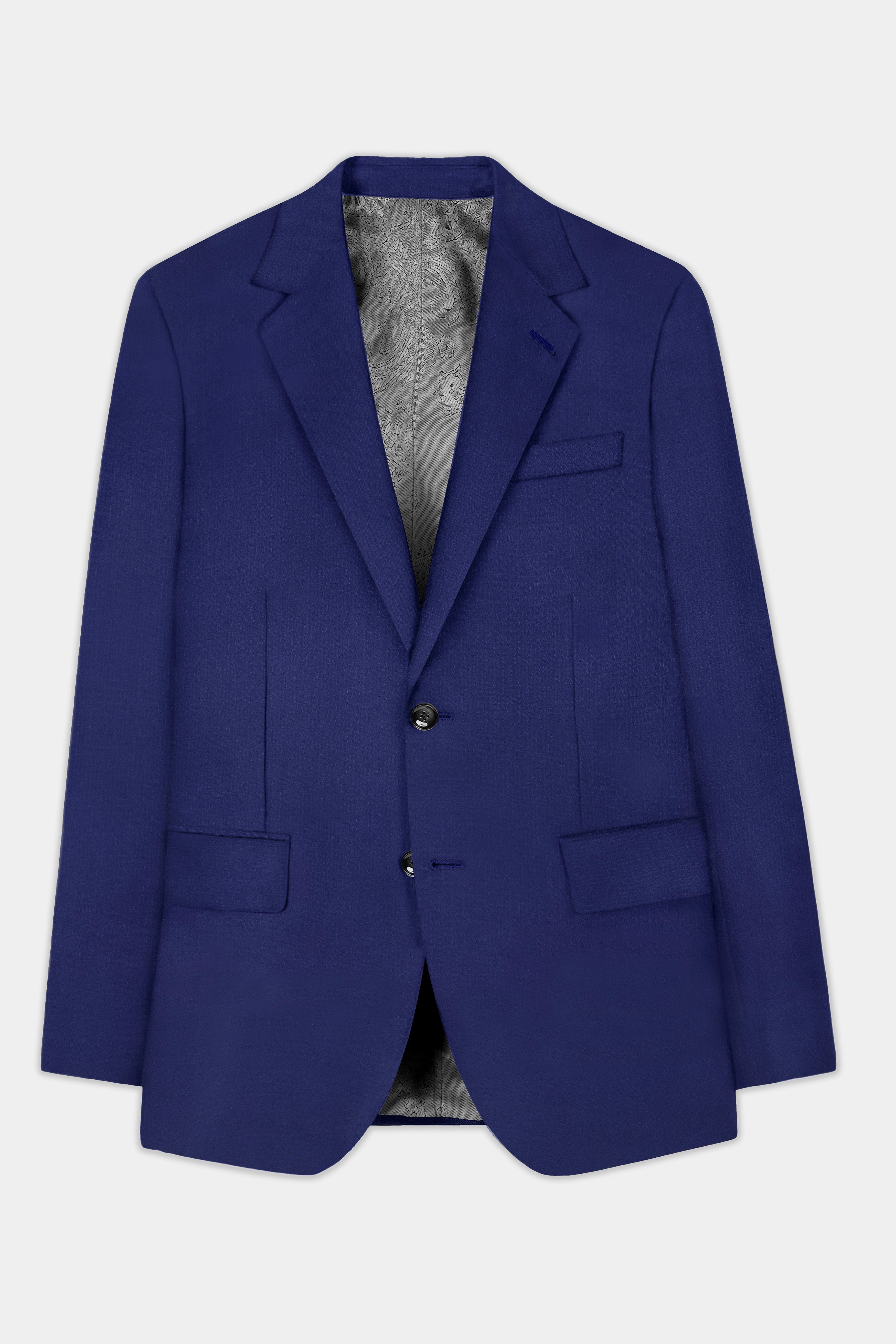 Celestia- Blue Solid Wool Rich Single Breasted Slight Stretch Blazer