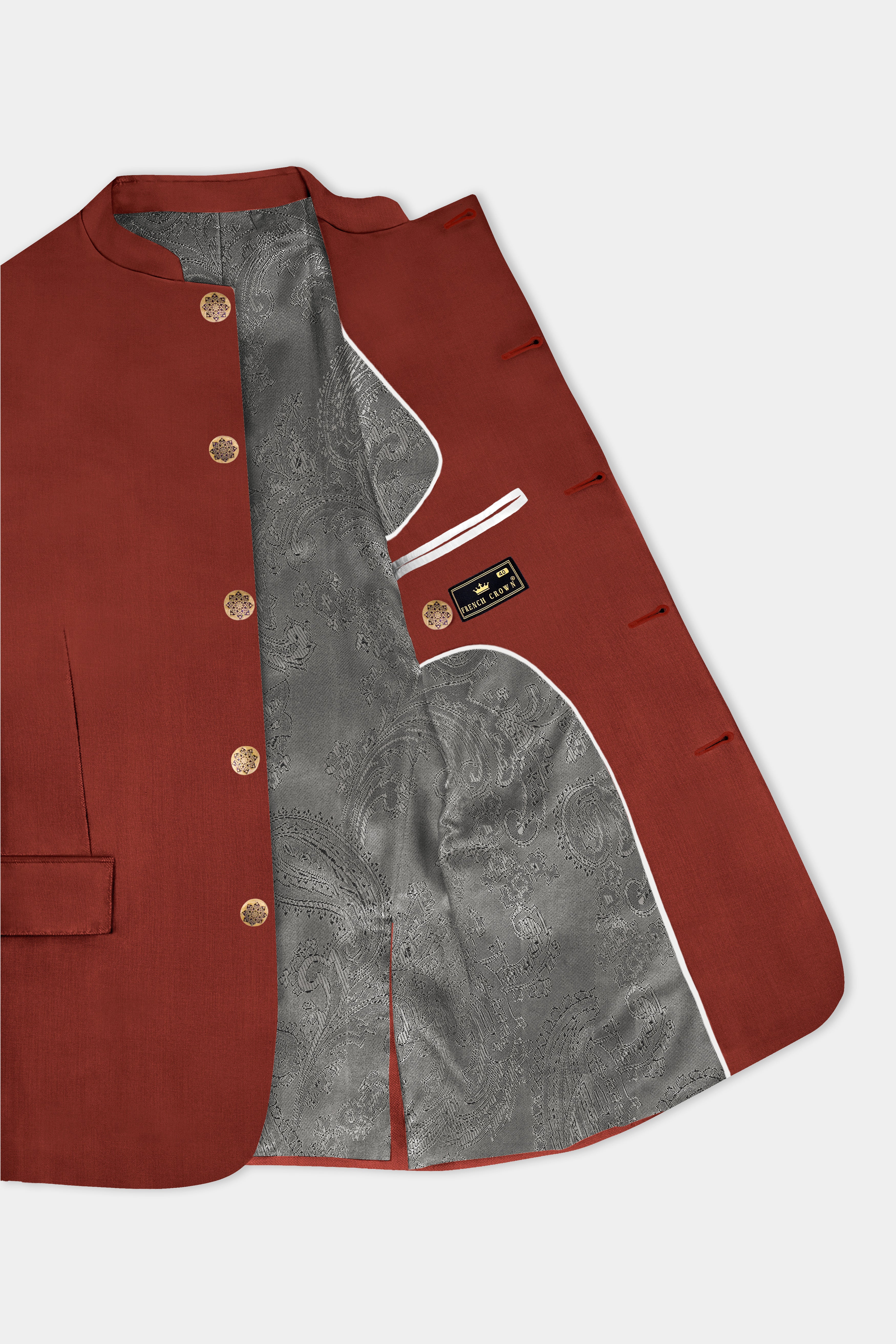 Inferno Rust-Brick Red Solid Wool Rich Bandhgala Slight Stretch Blazer
