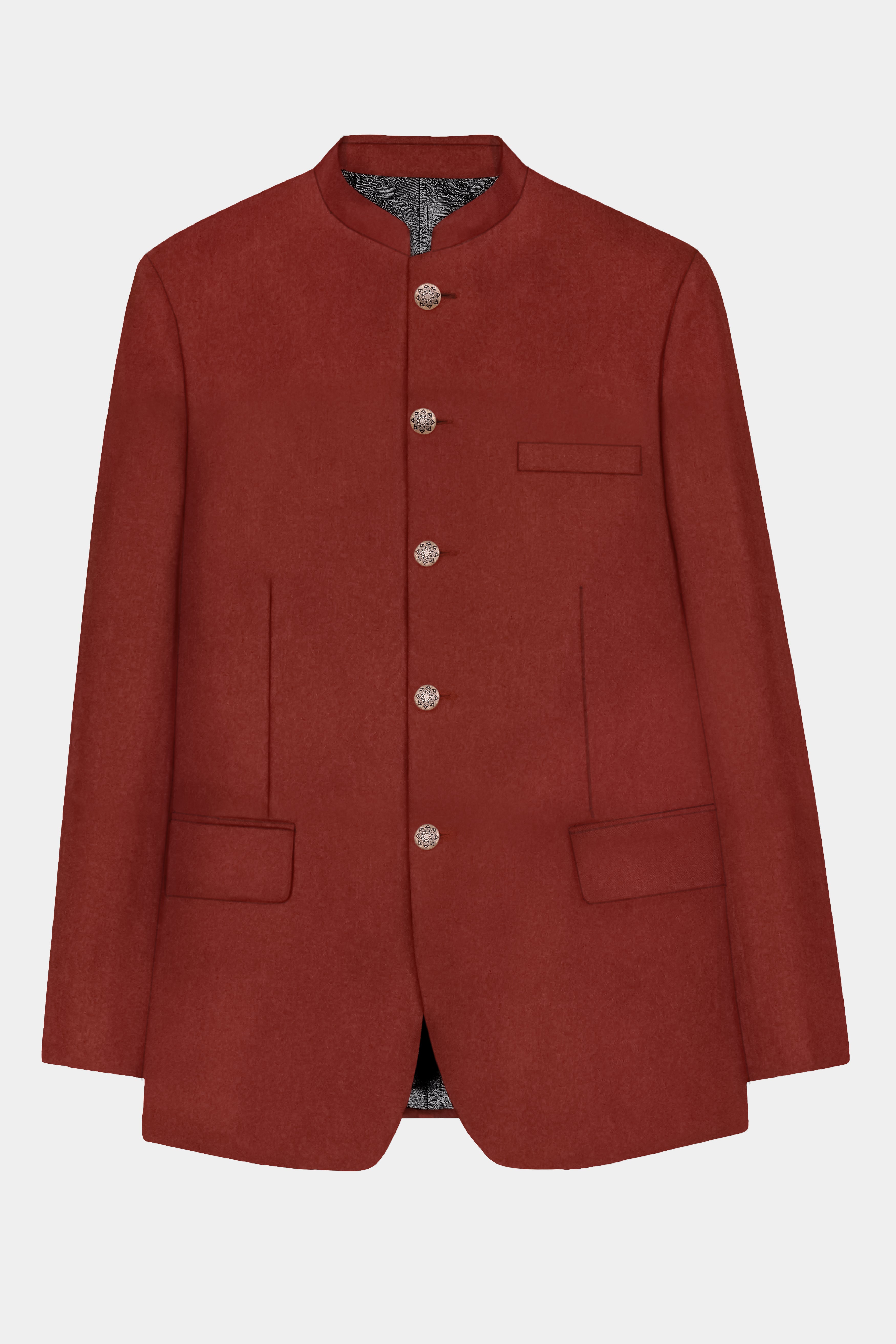 Inferno Rust-Brick Red Solid Wool Rich Bandhgala Slight Stretch Blazer