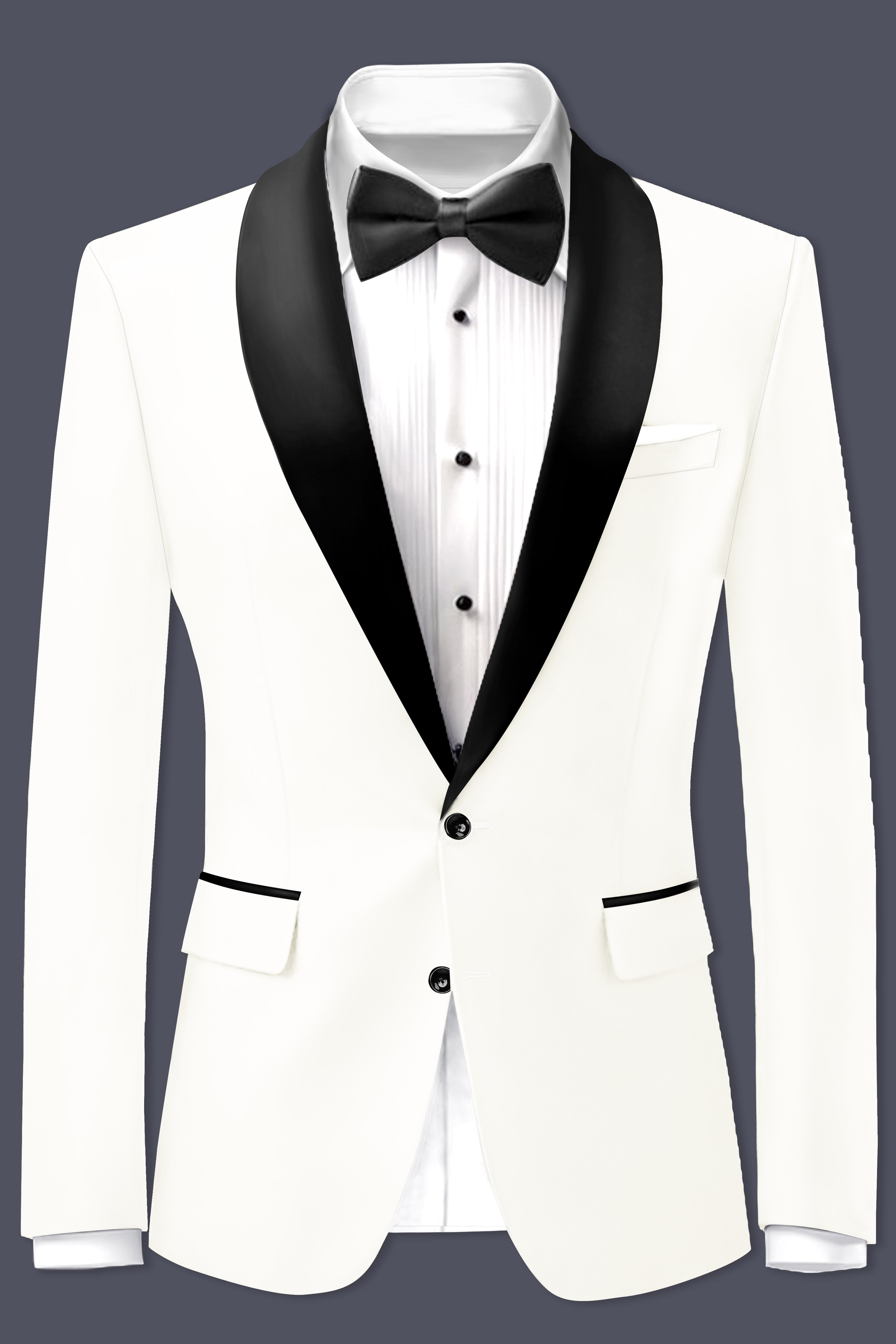 Off White Solid Wool Rich Tuxedo Blazer