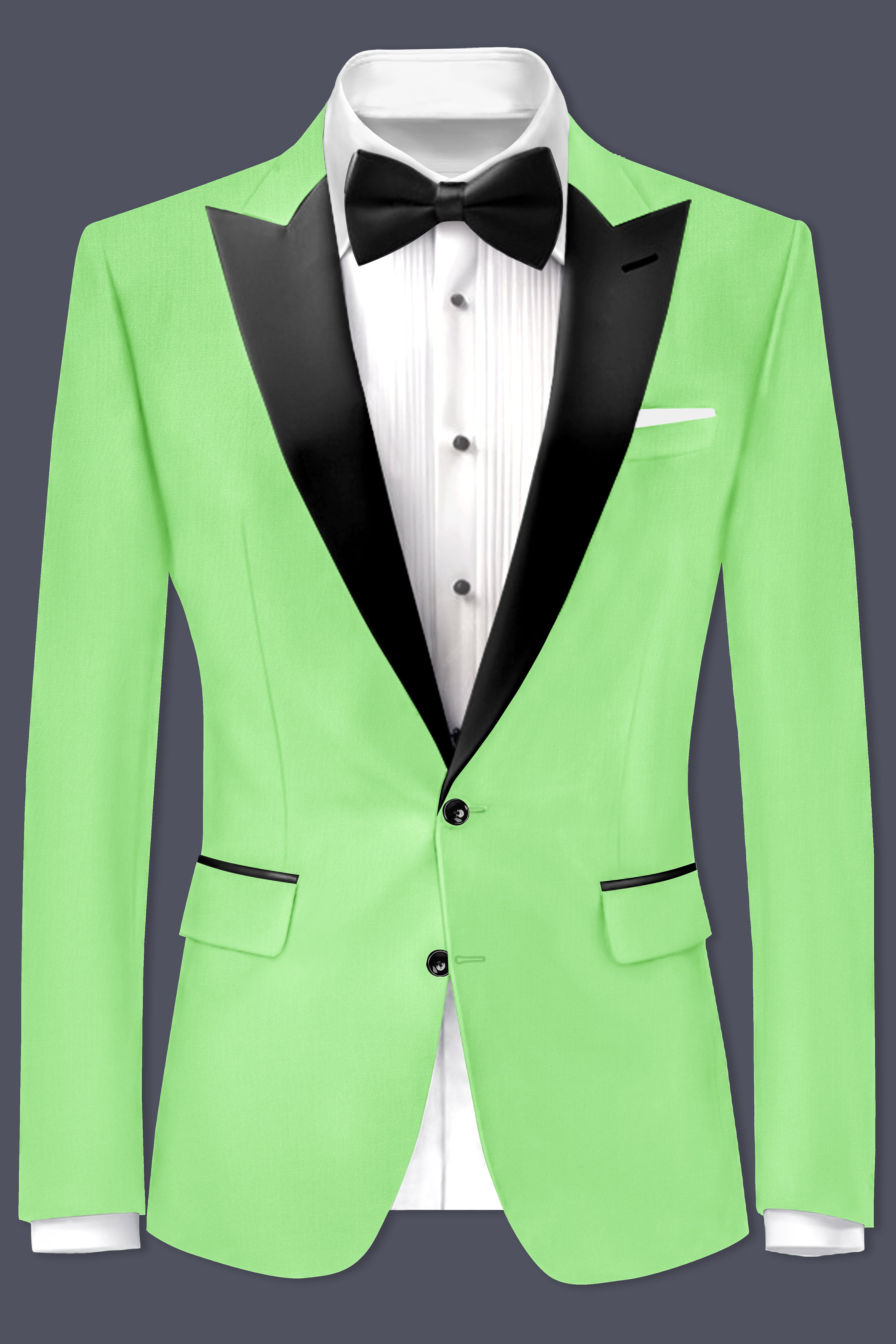 Emerald-Mint Green Solid Wool Rich Peak Lapel Tuxedo Blazer