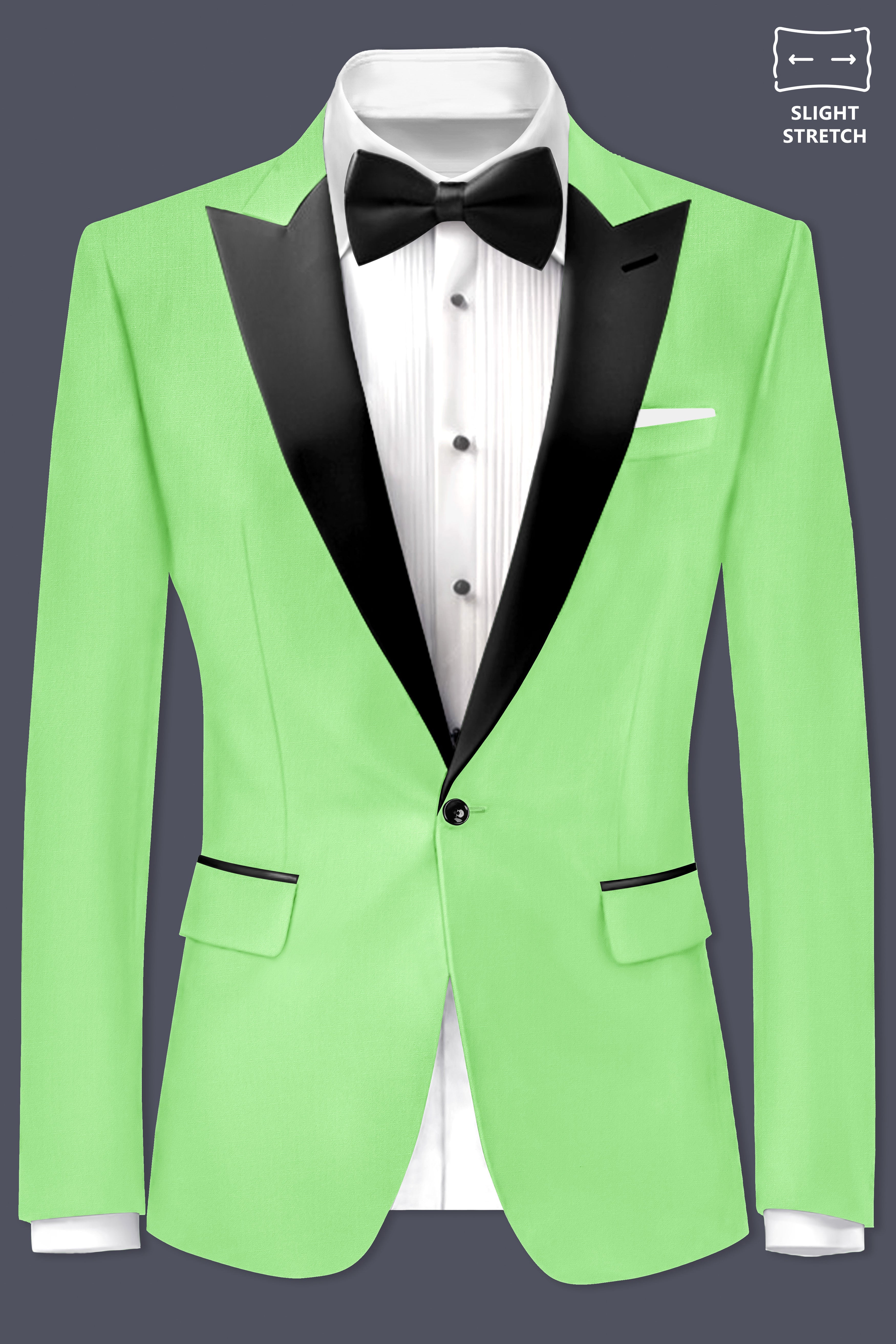 Emerald-Mint Green Solid Wool Rich Peak Lapel Tuxedo Slight Stretch Blazer