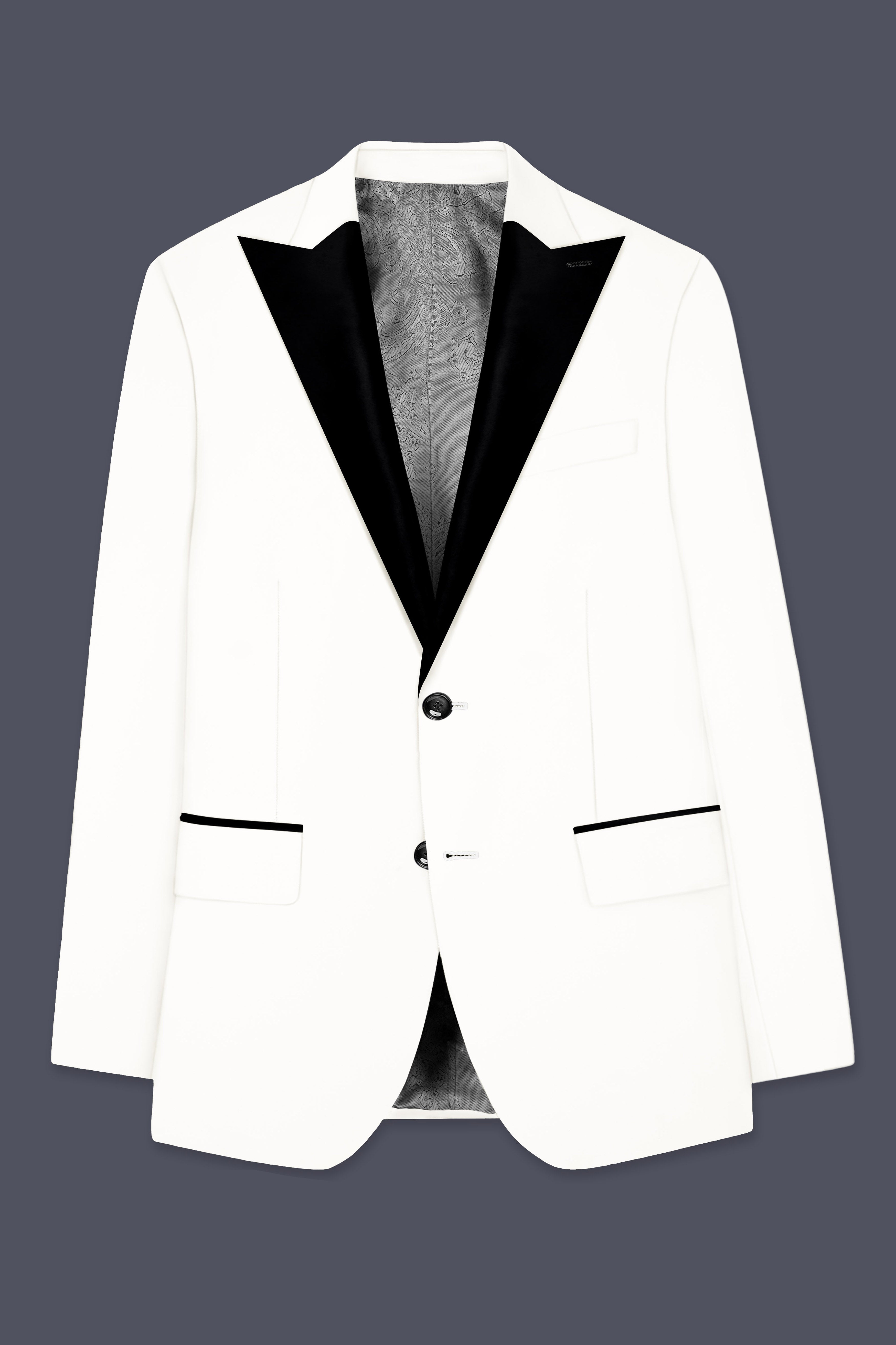 Off White Solid Wool Rich Peak Lapel Tuxedo Slight Stretch Blazer