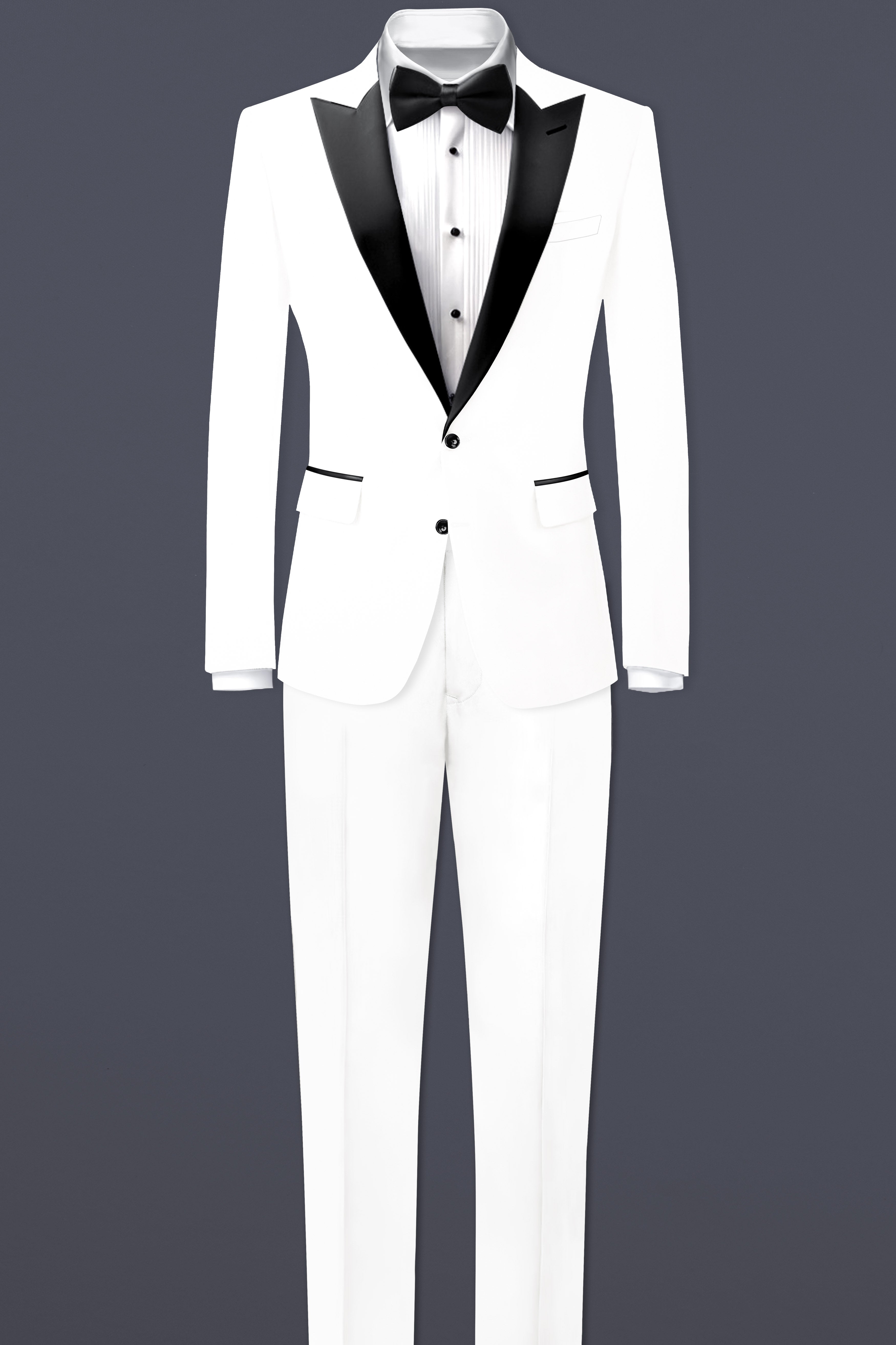Off White Solid Wool Rich Peak Lapel Tuxedo Slight Stretch Blazer