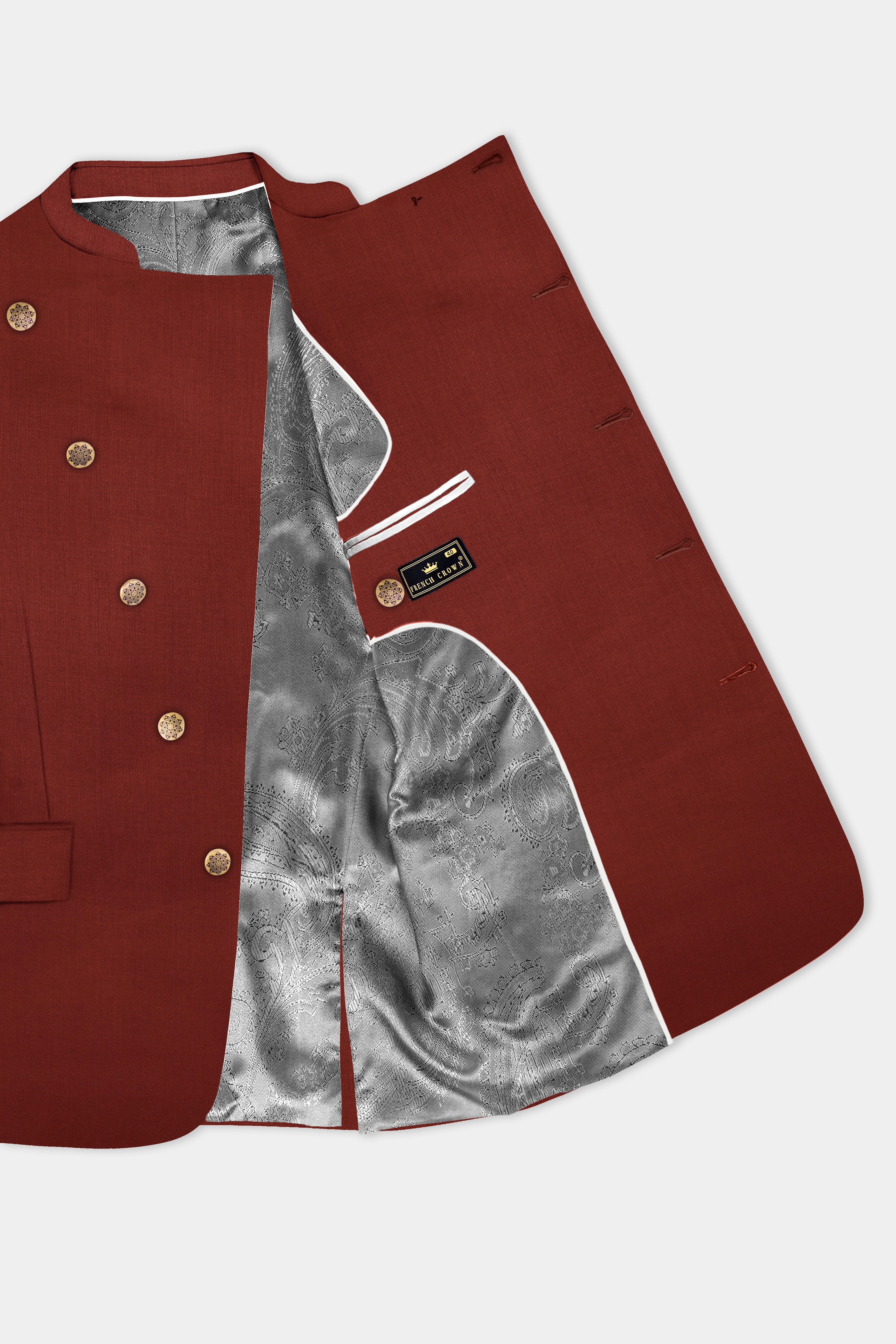 Inferno Rust-Brick Red Solid Wool Rich Cross Placket Bandhgala Slight Stretch Blazer