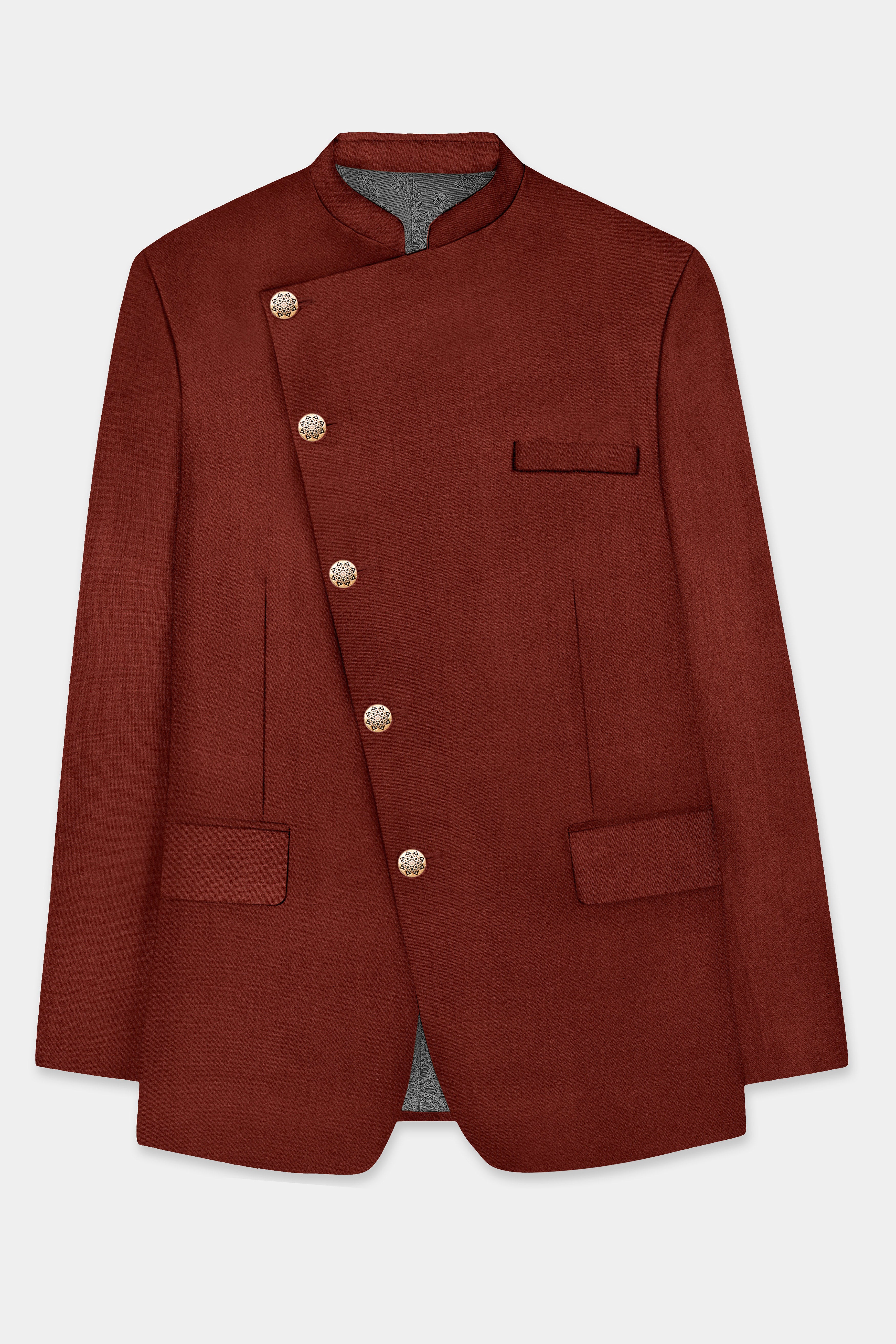 Inferno Rust-Brick Red Solid Wool Rich Cross Placket Bandhgala Slight Stretch Blazer