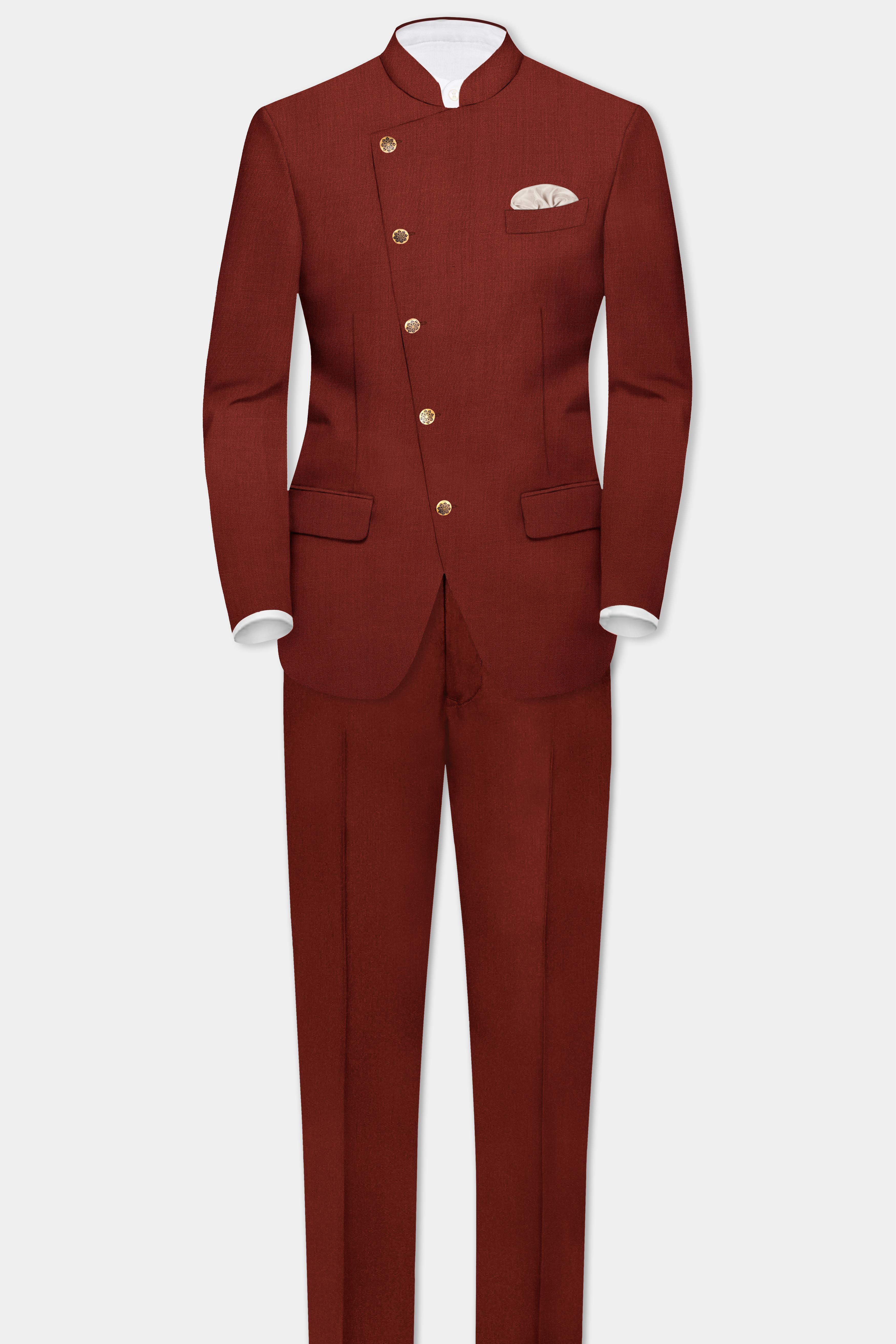 Inferno Rust-Brick Red Solid Wool Rich Cross Placket Bandhgala Slight Stretch Blazer