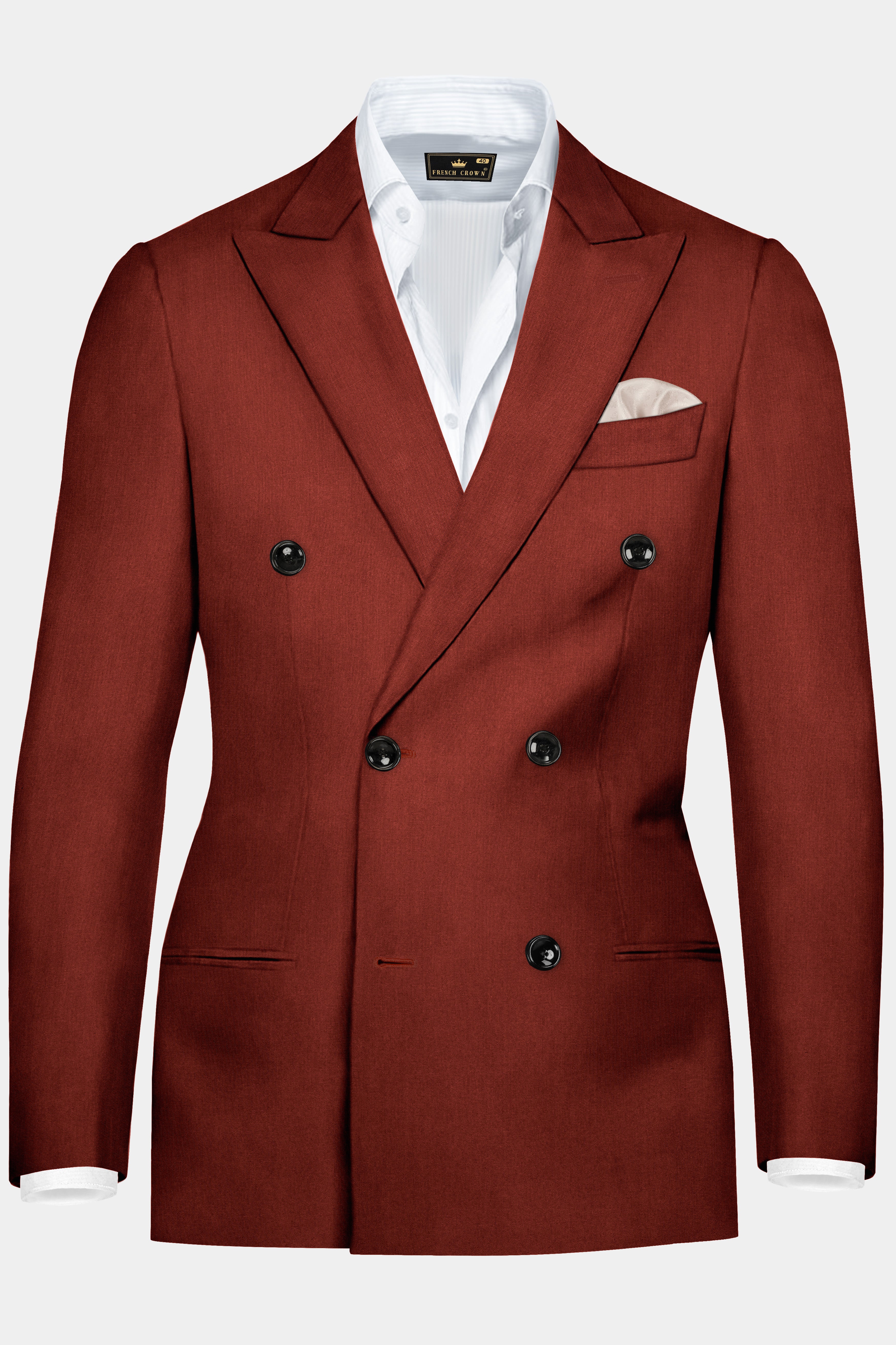 Inferno Rust-Brick Red Solid Wool Rich Double Breasted Blazer