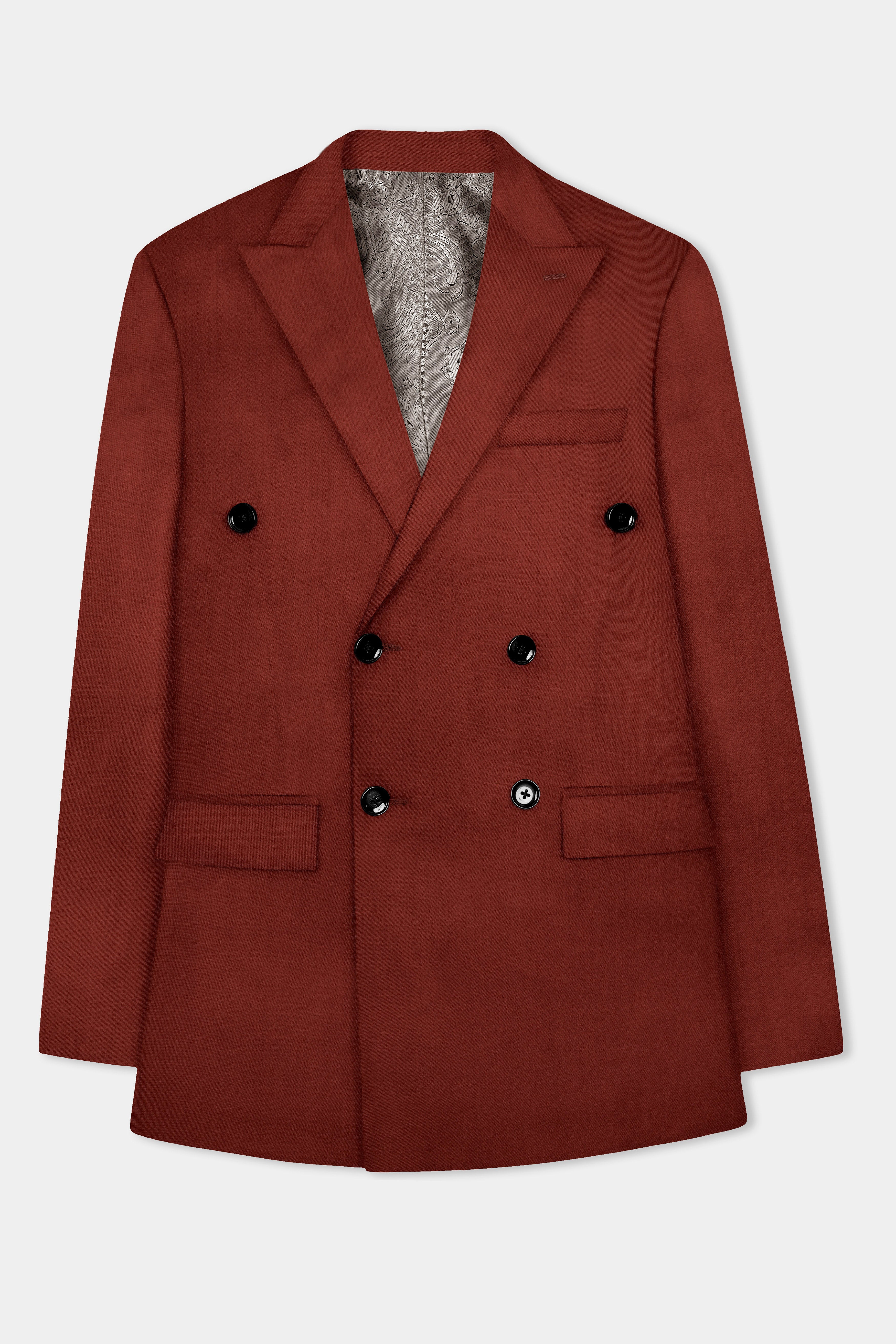 Inferno Rust-Brick Red Solid Wool Rich Double Breasted Blazer