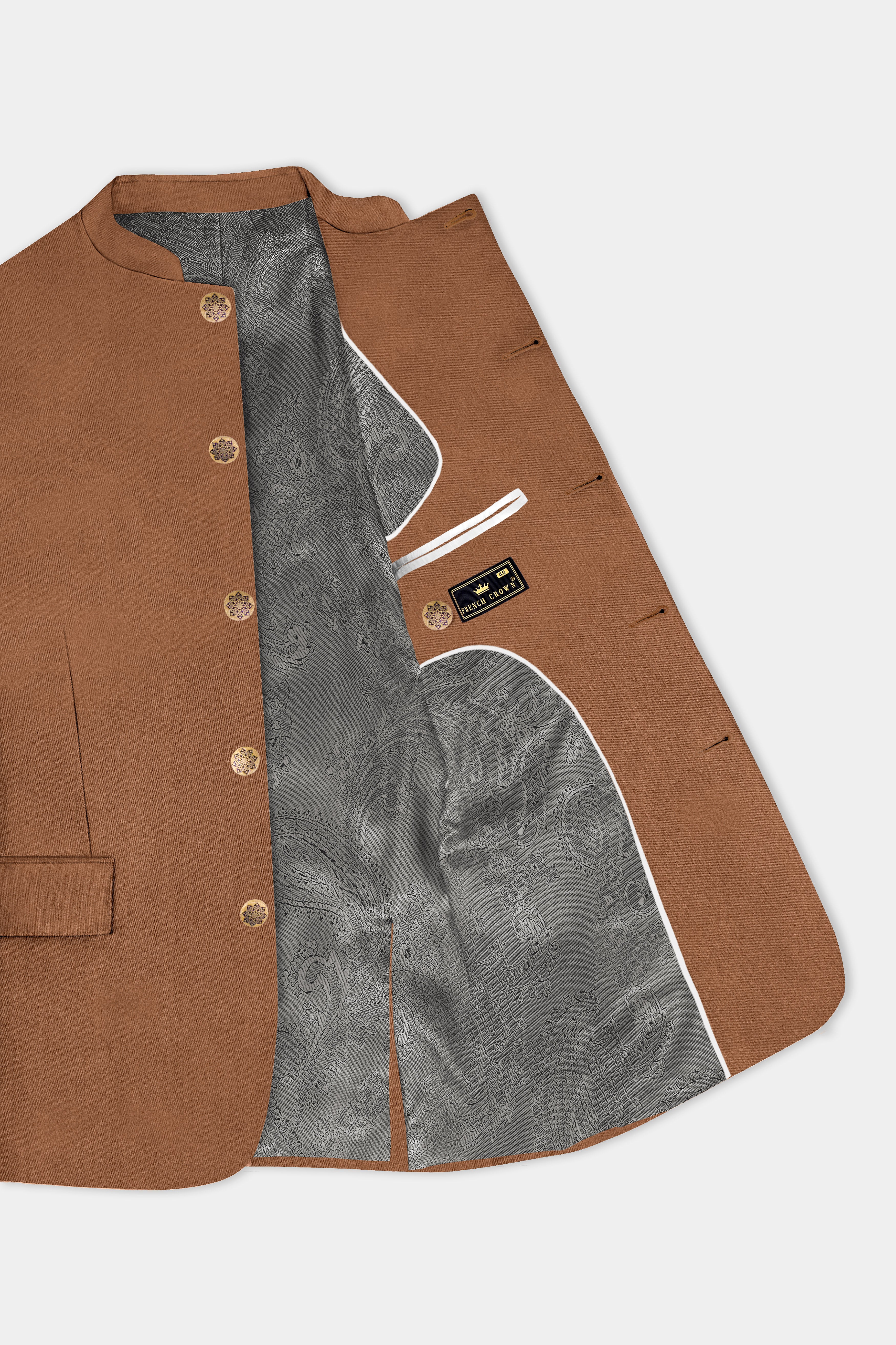 Cinnamon Oak-Sienna Brown Solid Wool Rich Bandhgala Slight Stretch Blazer