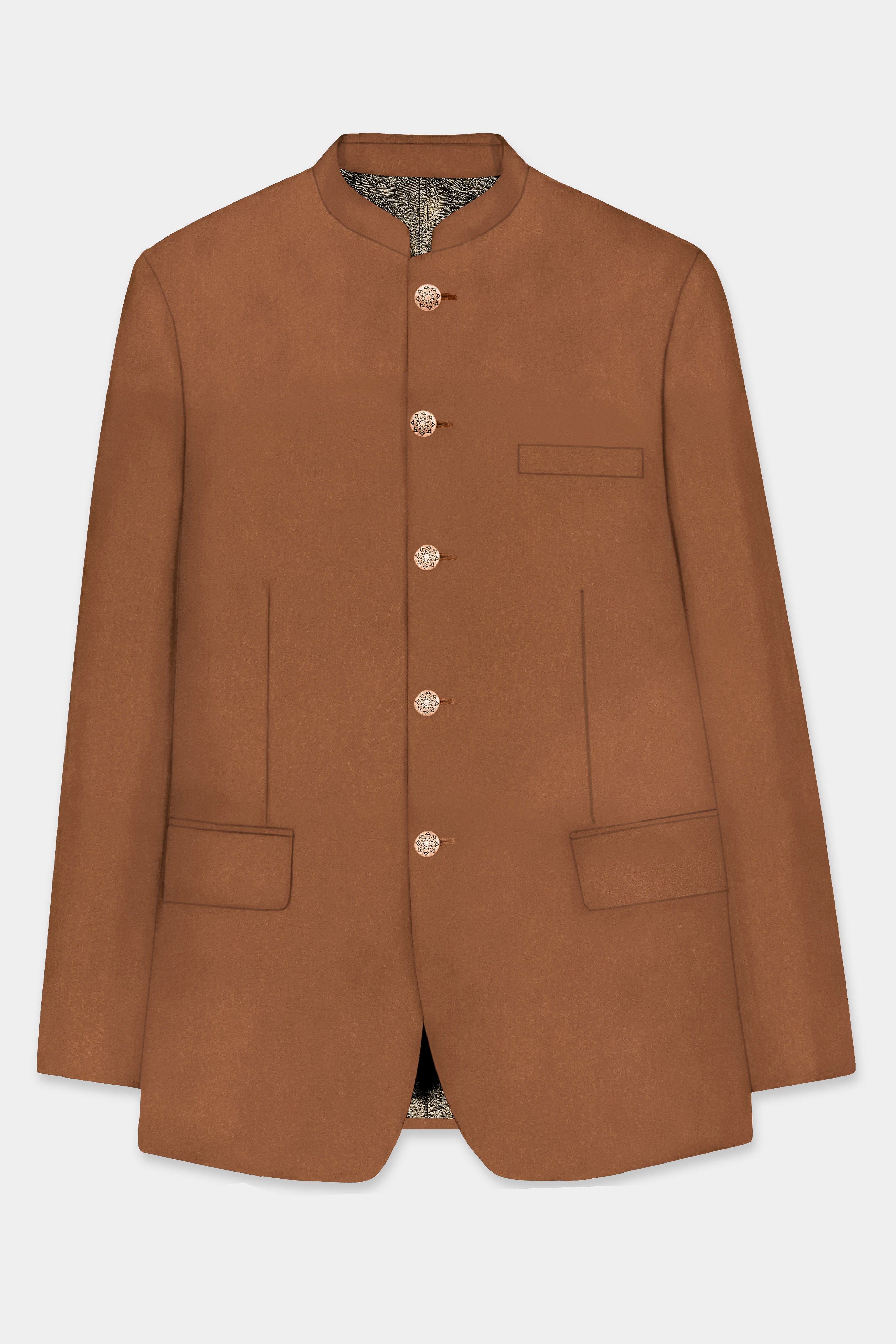 Cinnamon Oak-Sienna Brown Solid Wool Rich Bandhgala Slight Stretch Blazer