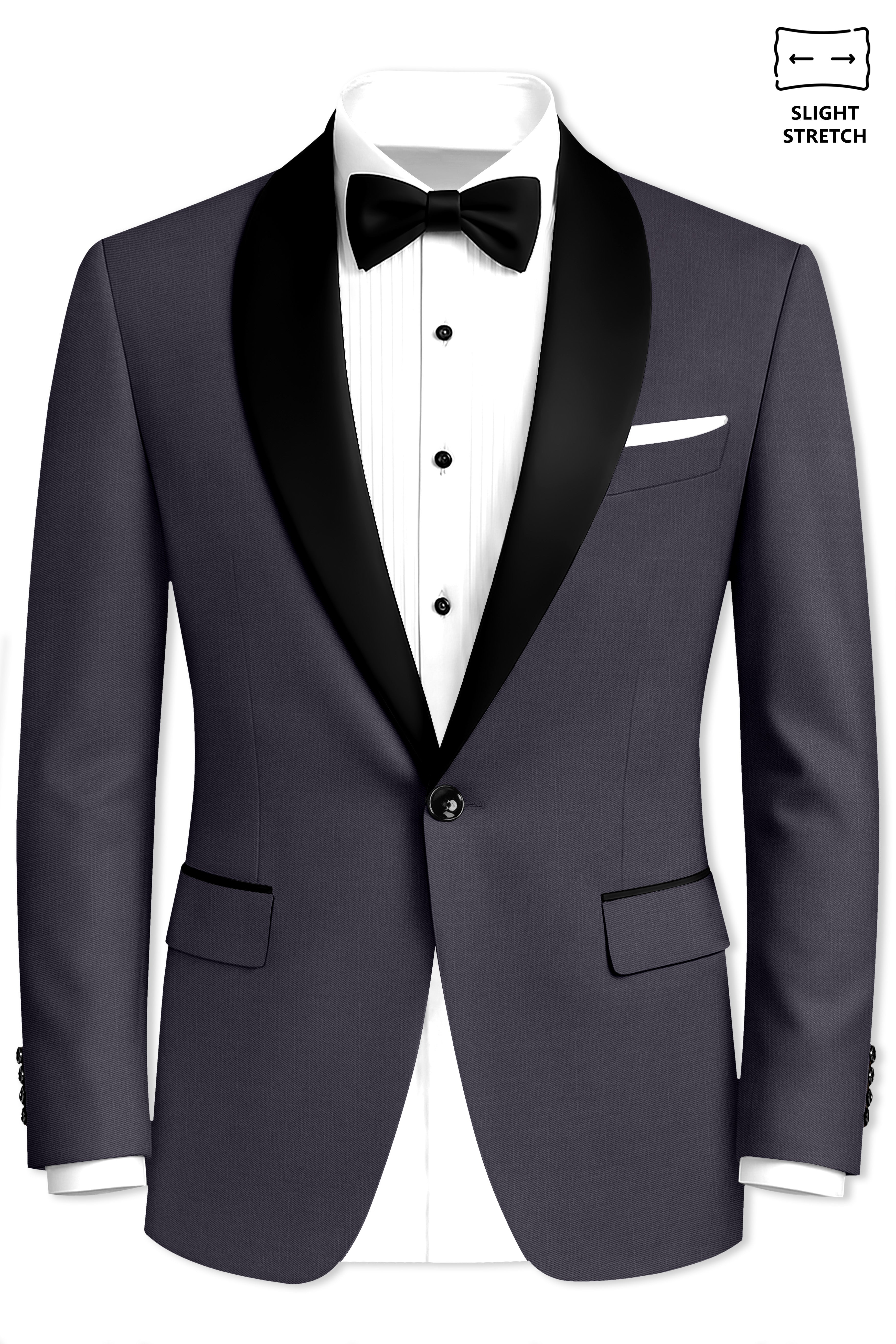 Sapphire-Glaucous Gray Solid Wool Rich Tuxedo Slight Stretch Blazer