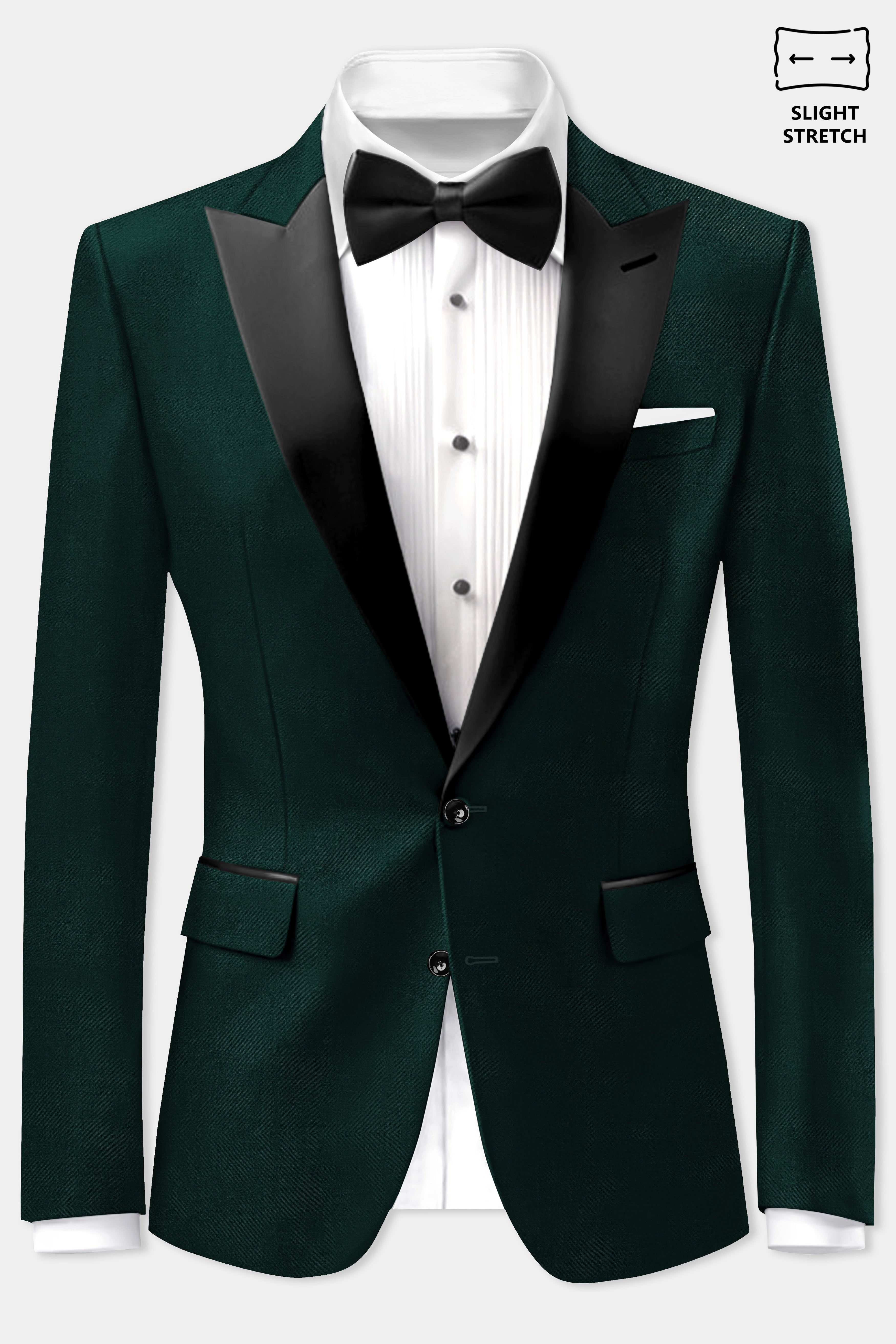 Emerald-Zucchini Green Solid Wool Rich Peak Lapel Tuxedo Slight Stretch Blazer