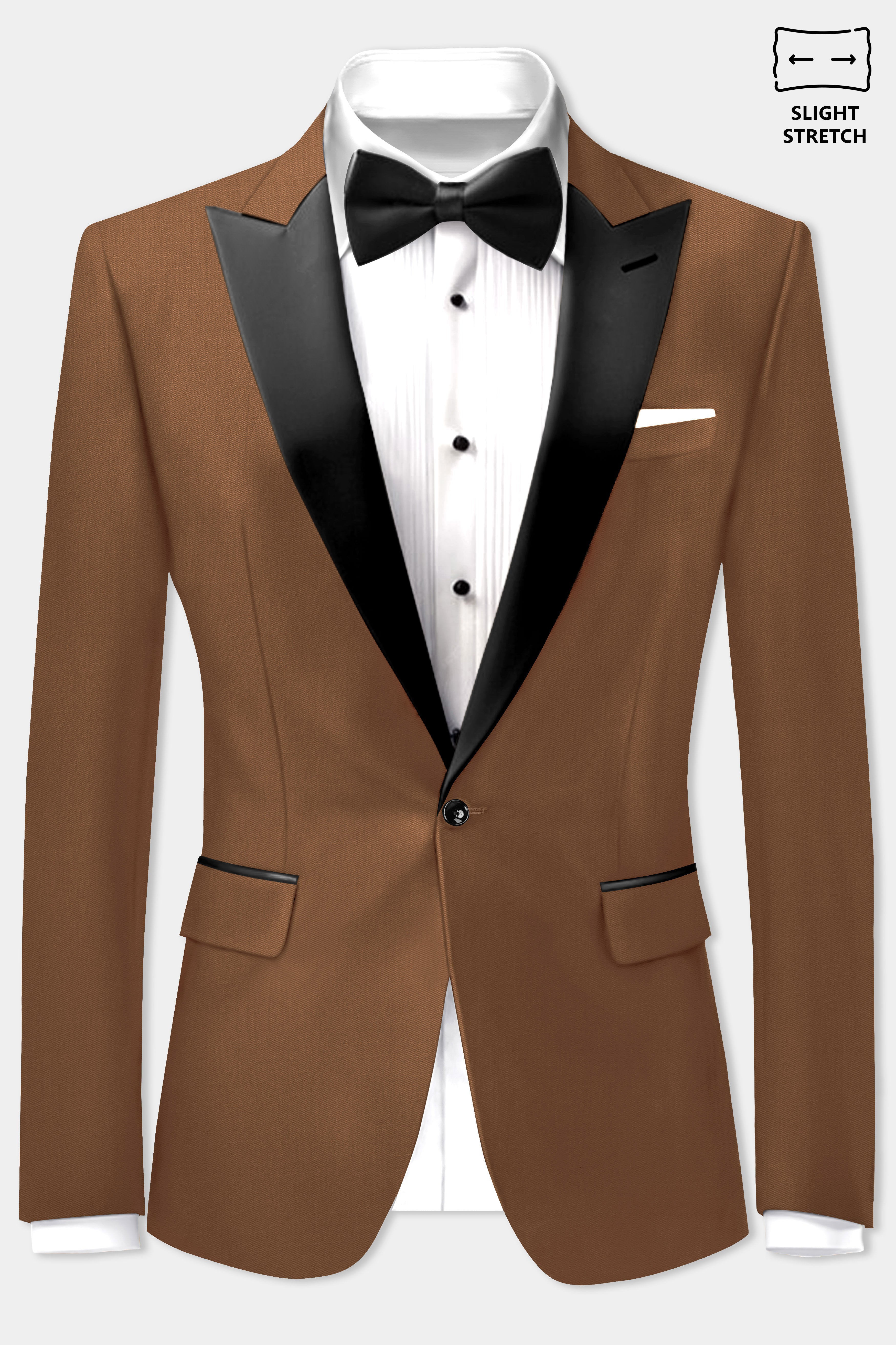 Bronze-Tawny Brown Solid Wool Rich Peak Lapel Tuxedo Slight Stretch Blazer