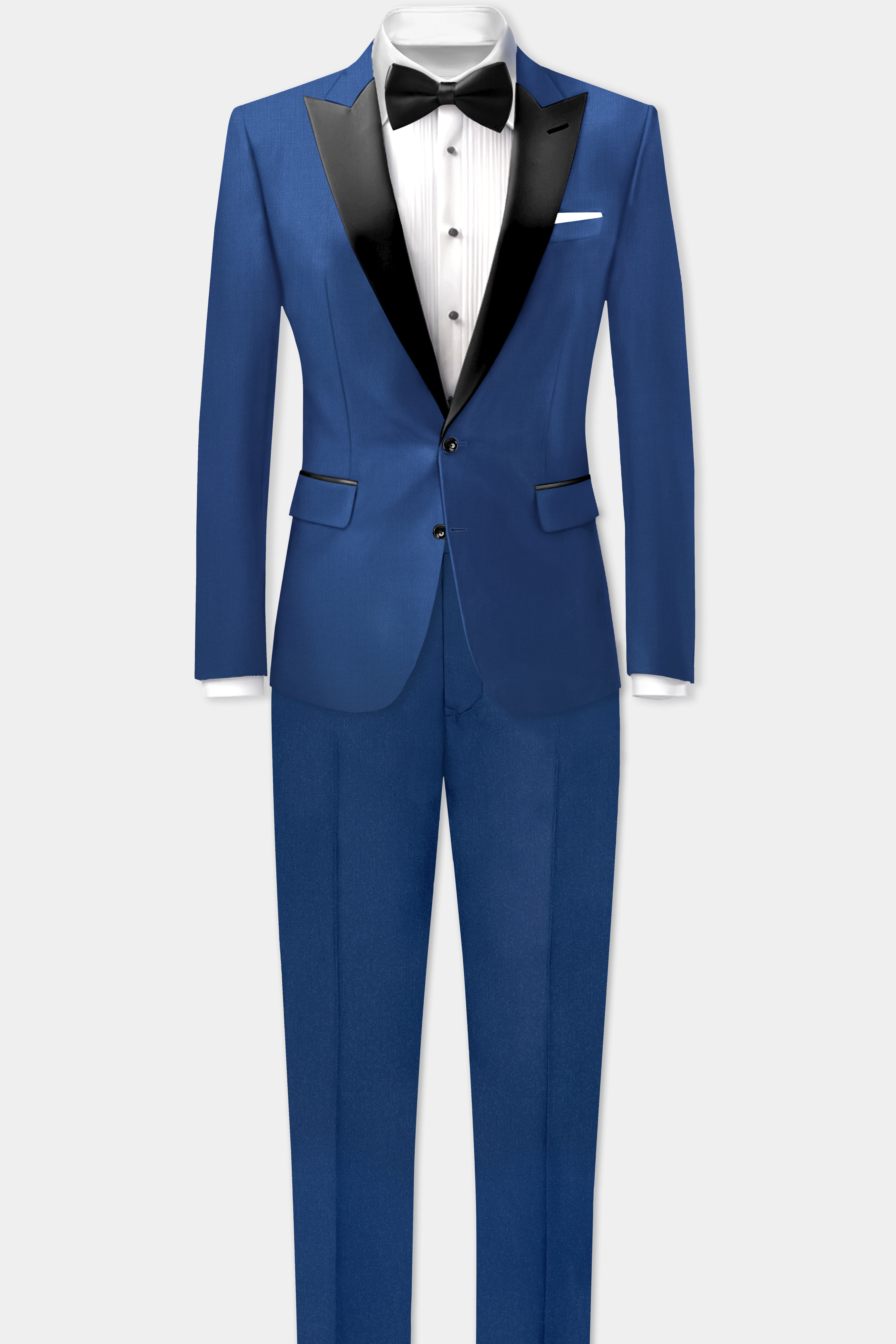 Cerulean Elite-Cobalt Blue Solid Wool Rich Peak Lapel Tuxedo Slight Stretch Blazer