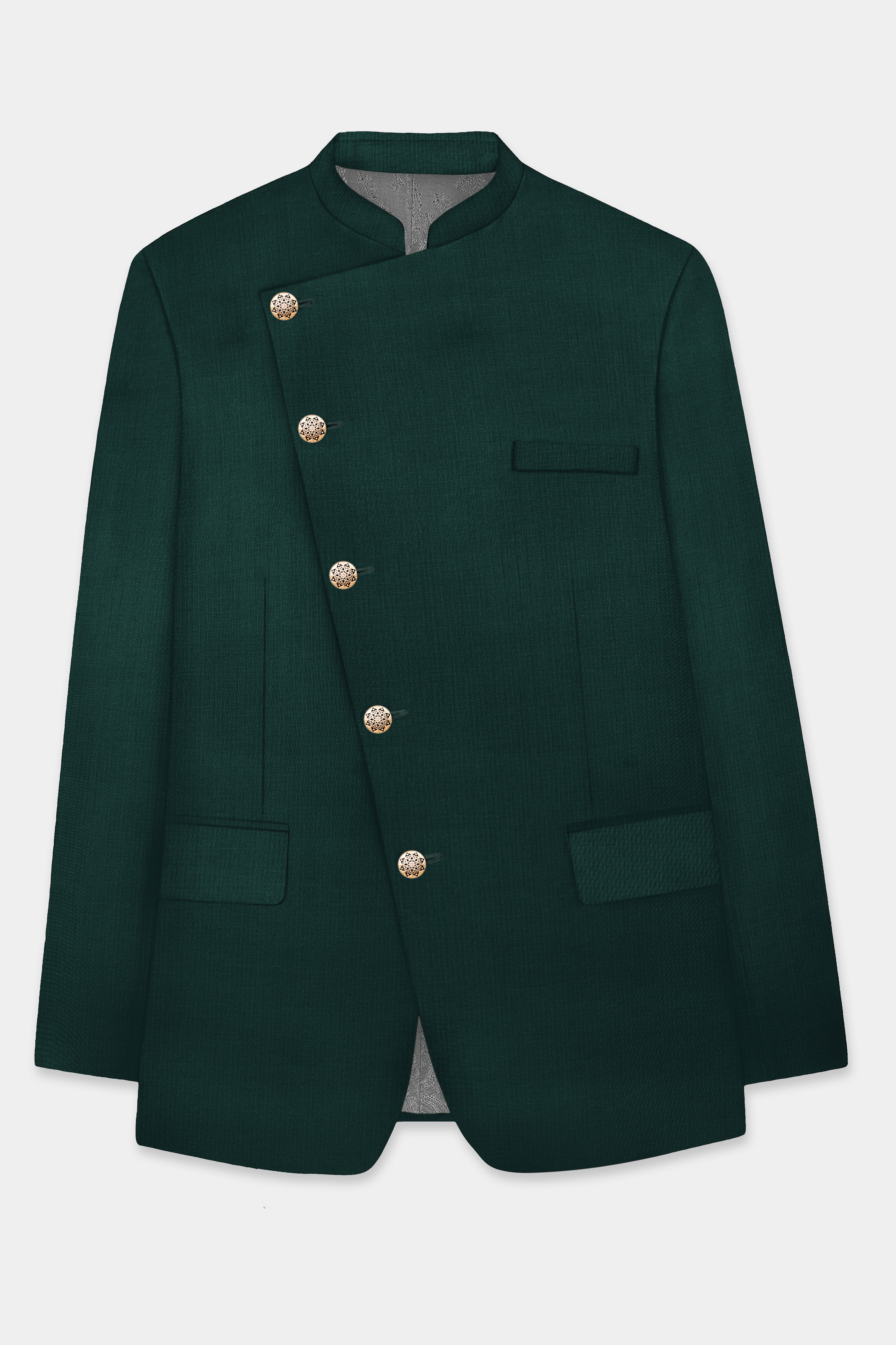 Emerald-Zucchini Green Solid Wool Rich Cross Placket Bandhgala Slight Stretch Blazer