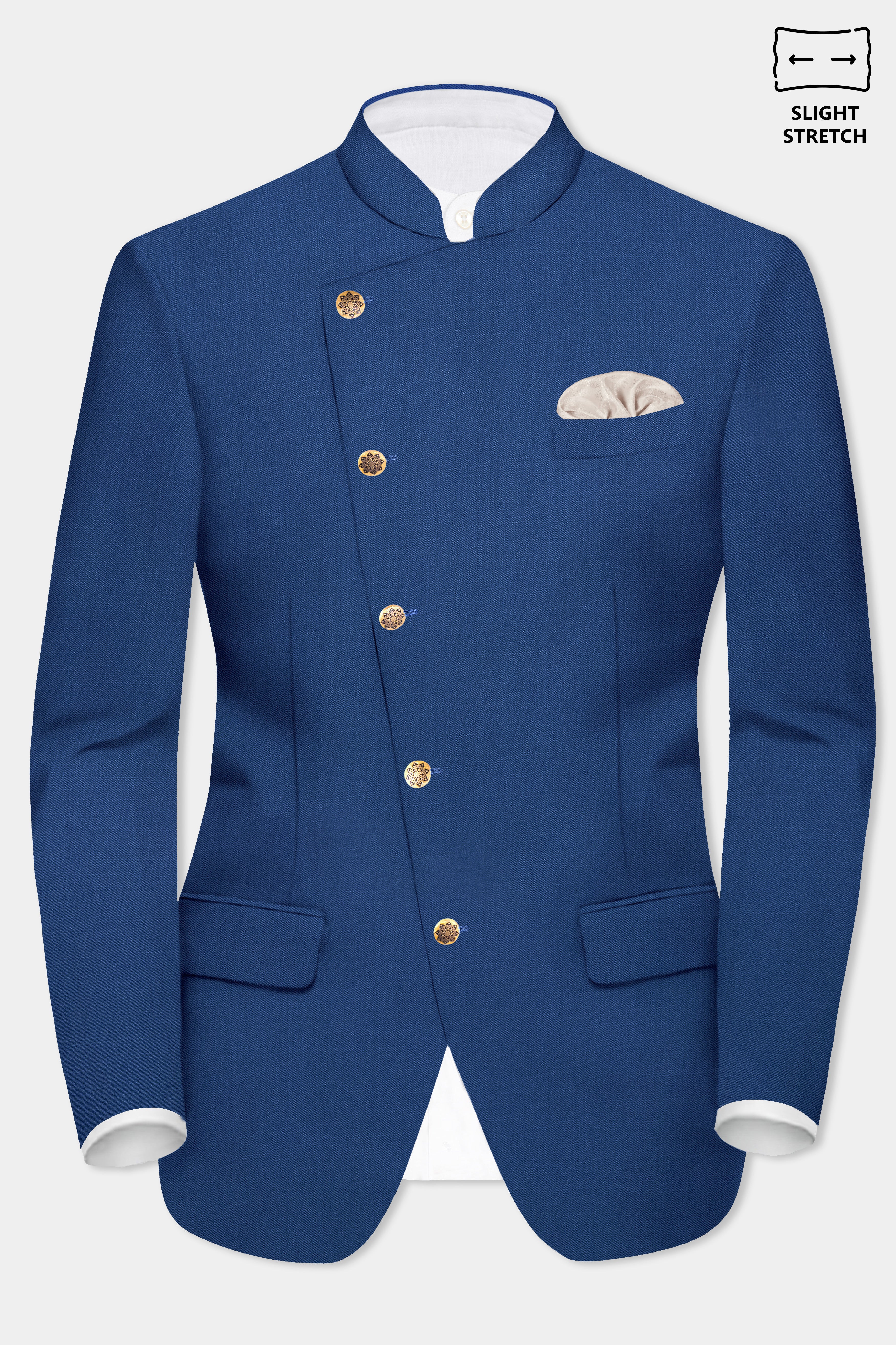 Cerulean Elite-Cobalt Blue Solid Wool Rich Cross Placket Bandhgala Slight Stretch Blazer