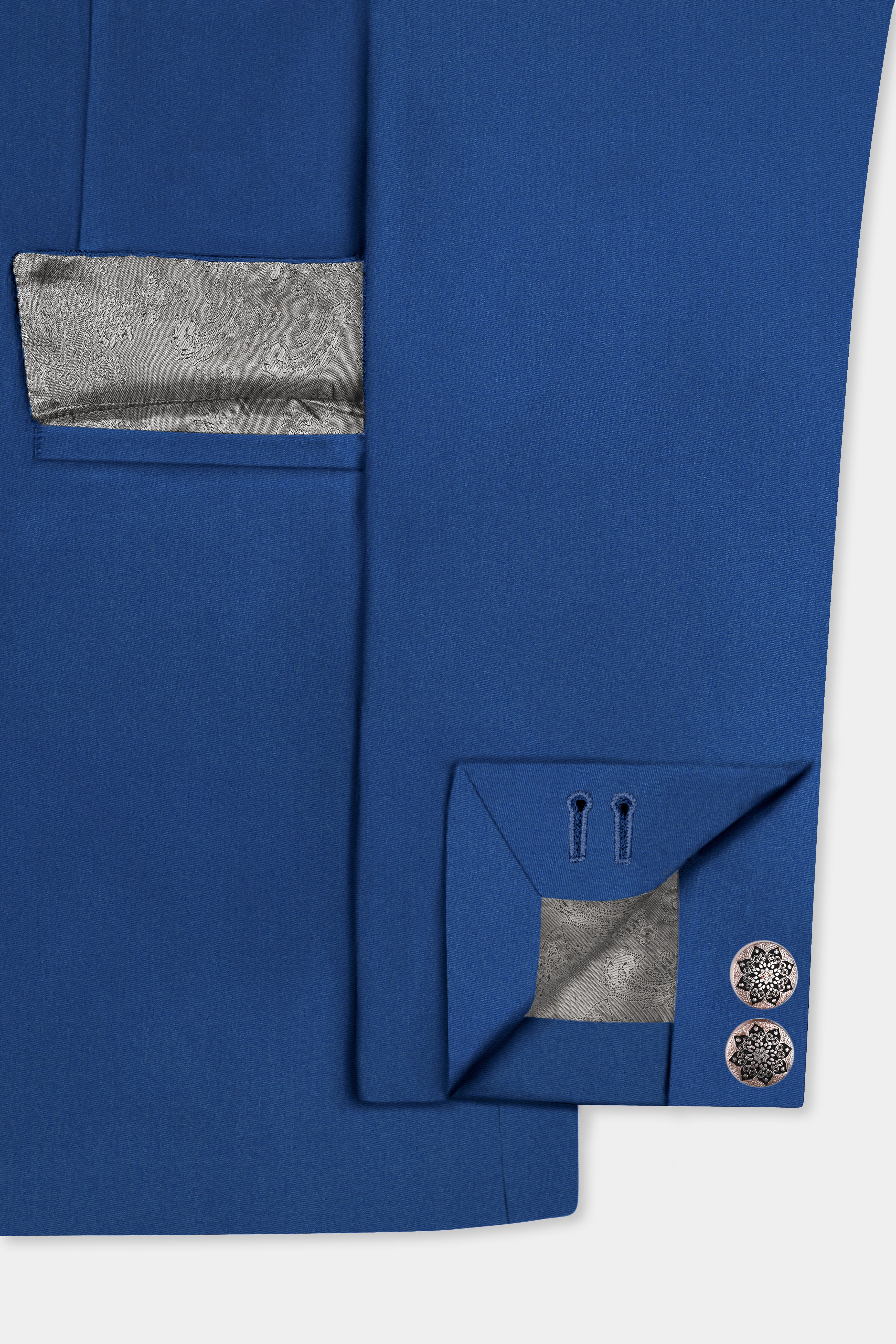 Cerulean Elite-Cobalt Blue Solid Wool Rich Cross Placket Bandhgala Slight Stretch Blazer