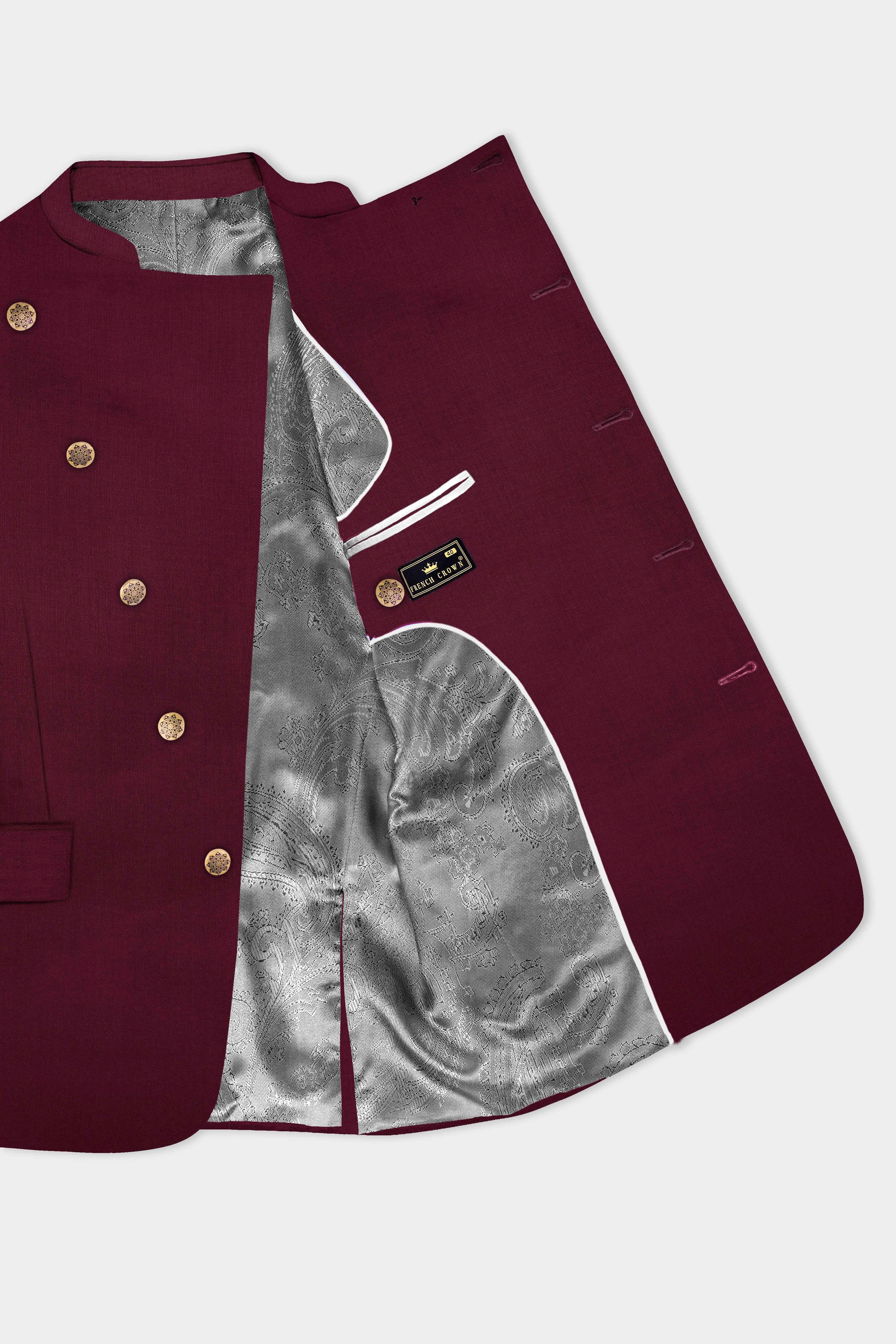 Regal Maroon-Tamarind Solid Wool Rich Cross Placket Bandhgala Slight Stretch Blazer