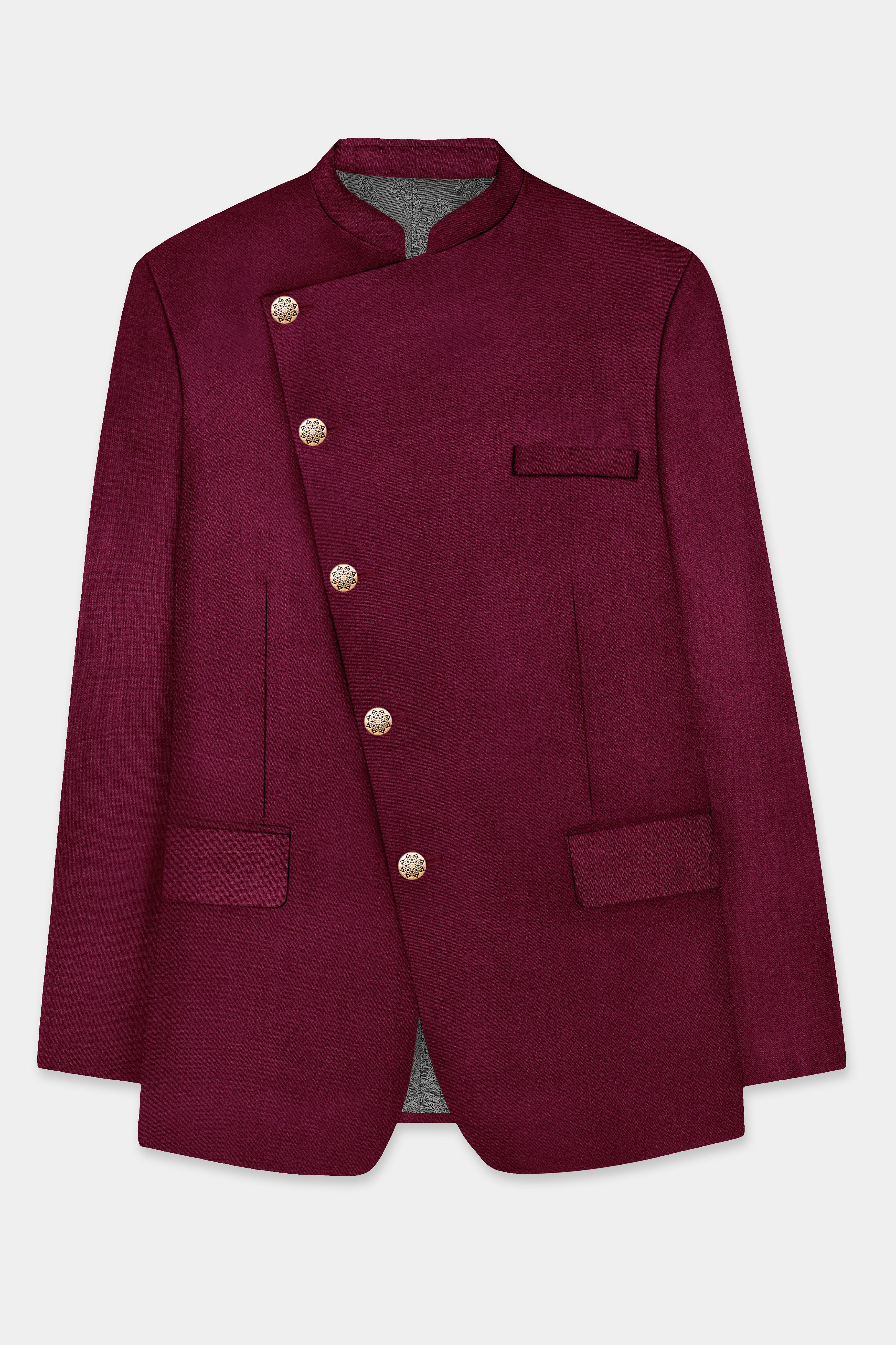 Regal Maroon-Tamarind Solid Wool Rich Cross Placket Bandhgala Slight Stretch Blazer