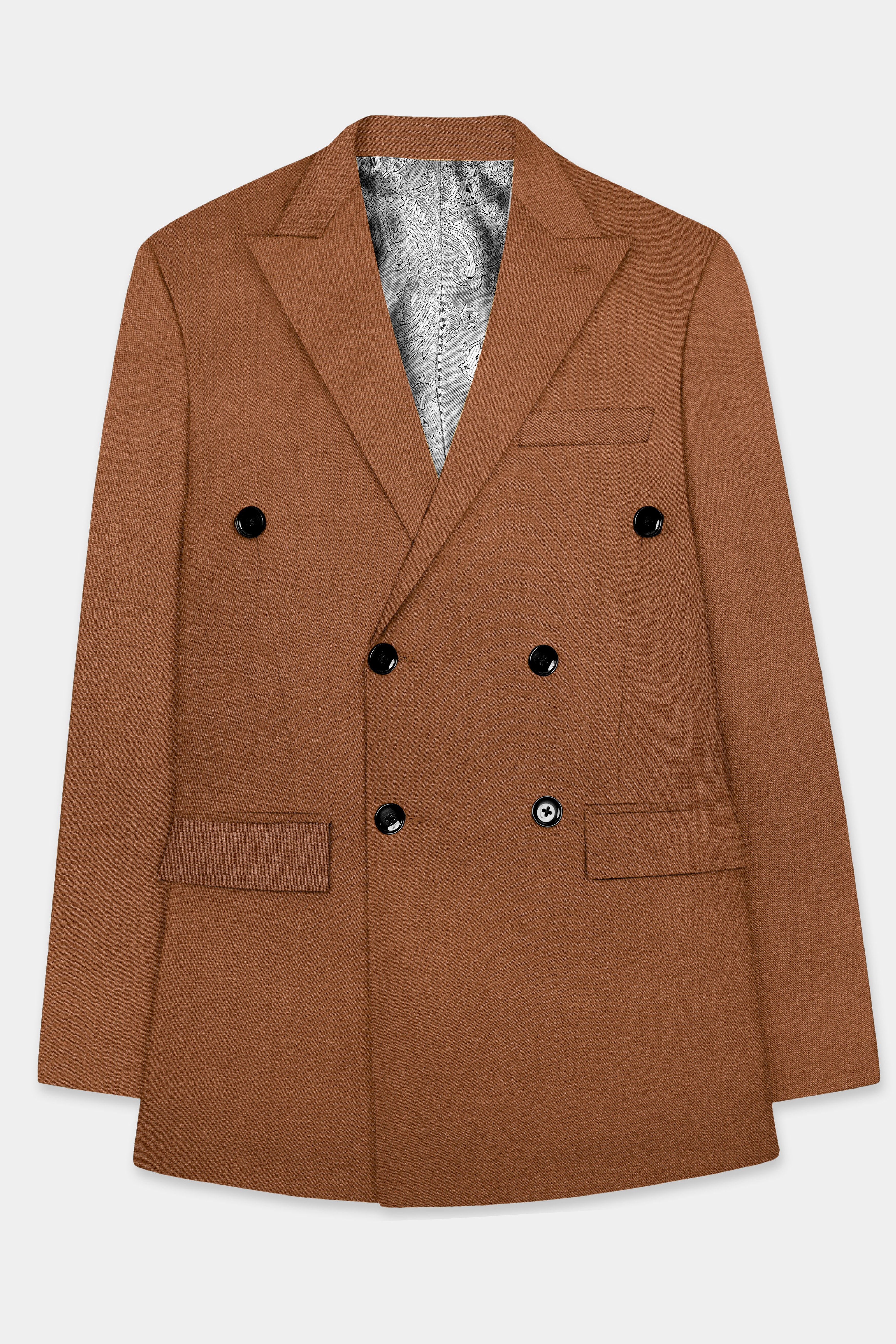 Cinnamon Oak-Sienna Brown Solid Wool Rich Double Breasted Slight Stretch Blazer
