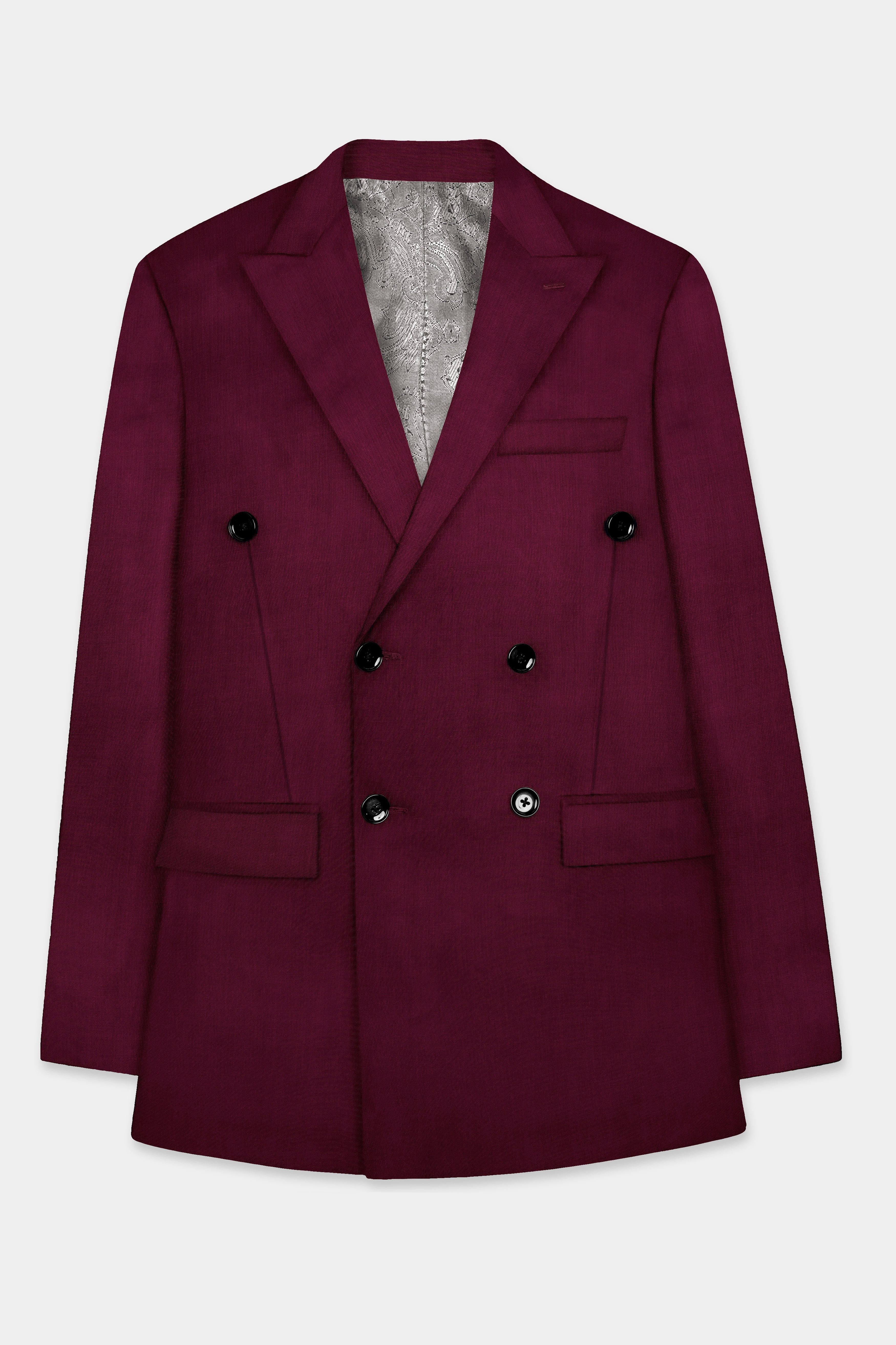 Regal Maroon-Tamarind Solid Wool Rich Double Breasted Slight Stretch Blazer