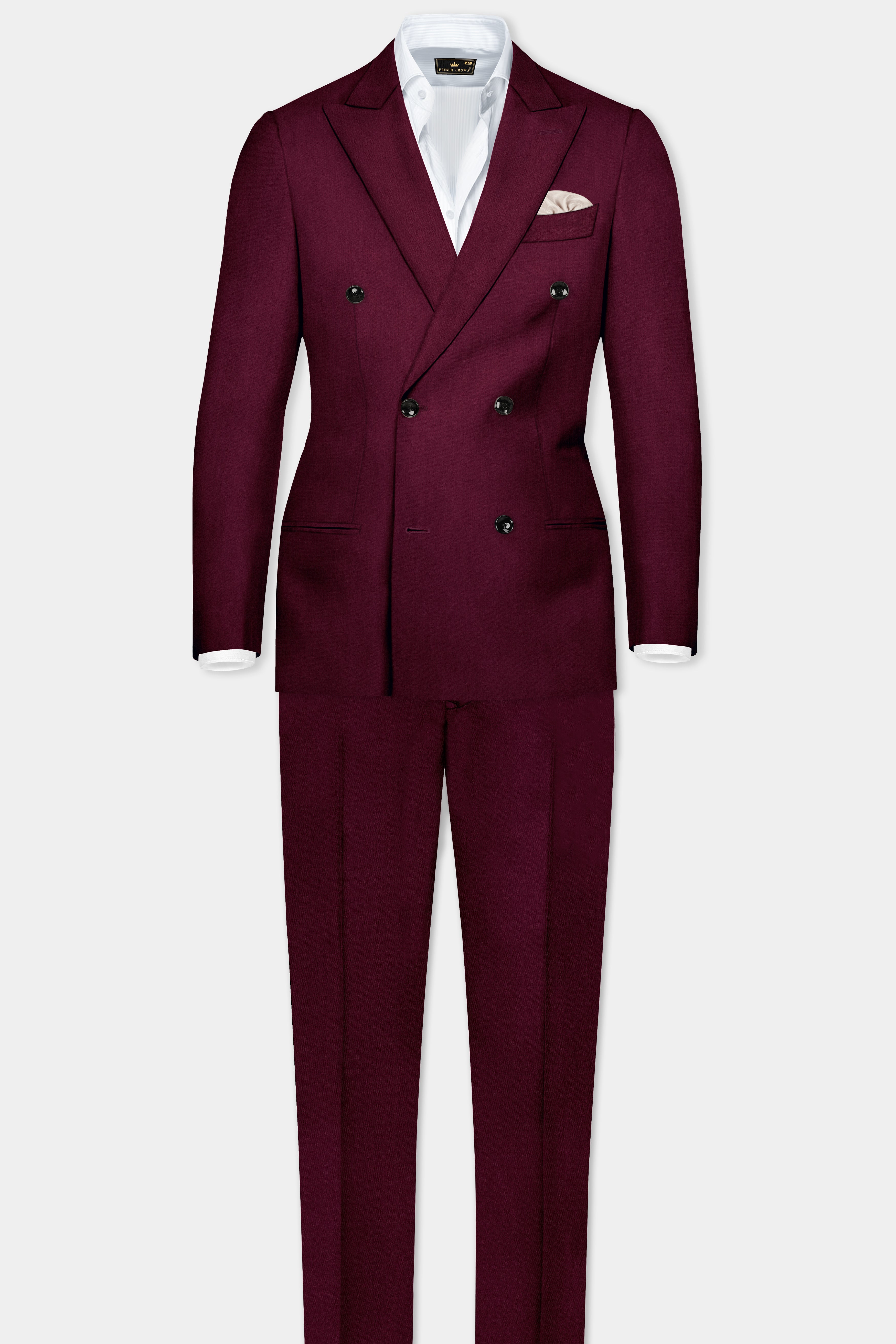 Regal Maroon-Tamarind Solid Wool Rich Double Breasted Slight Stretch Blazer