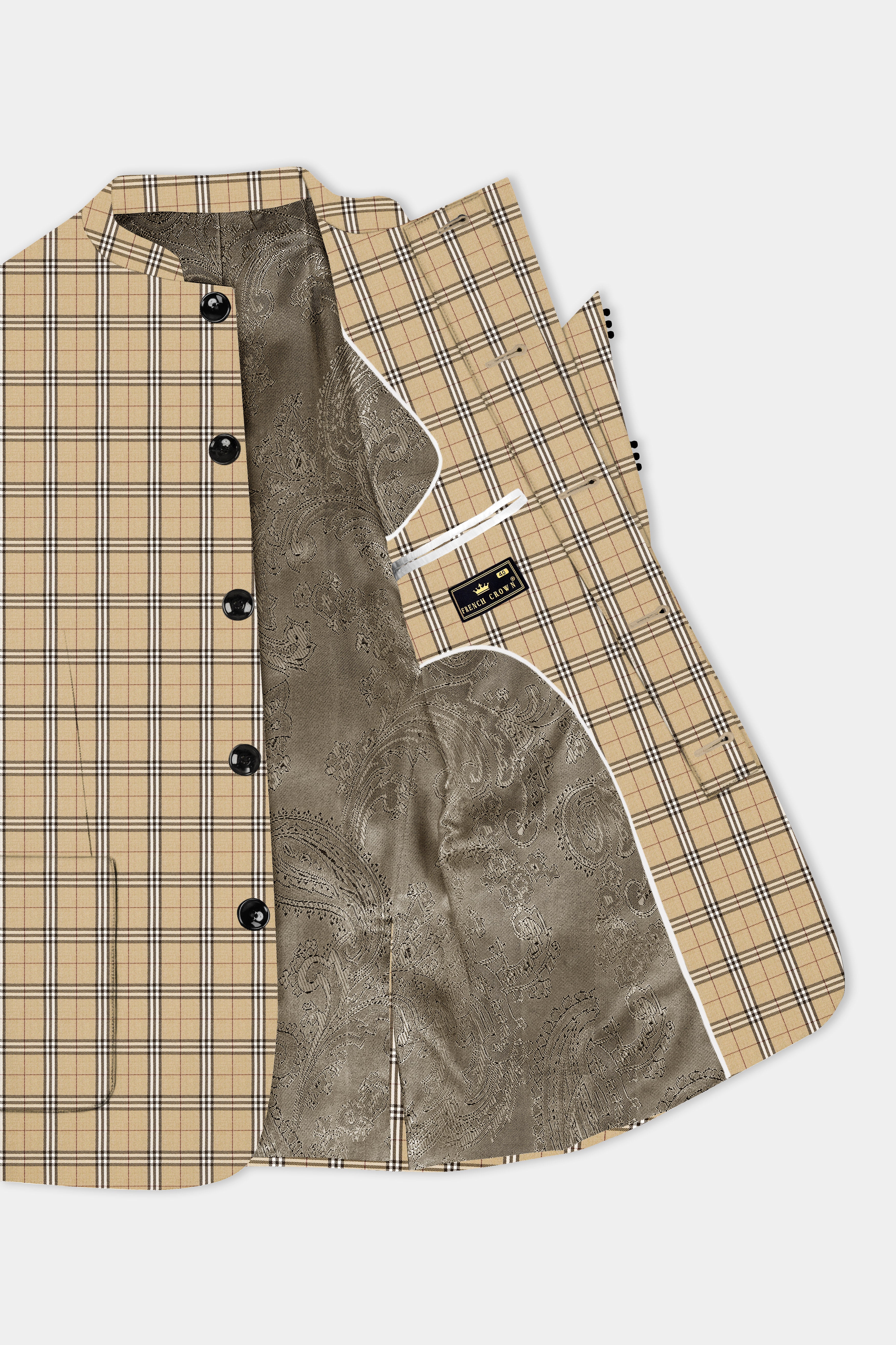 Noble Tones-Sandal Cream Plaid Wool Rich Bandhgala Designer Blazer