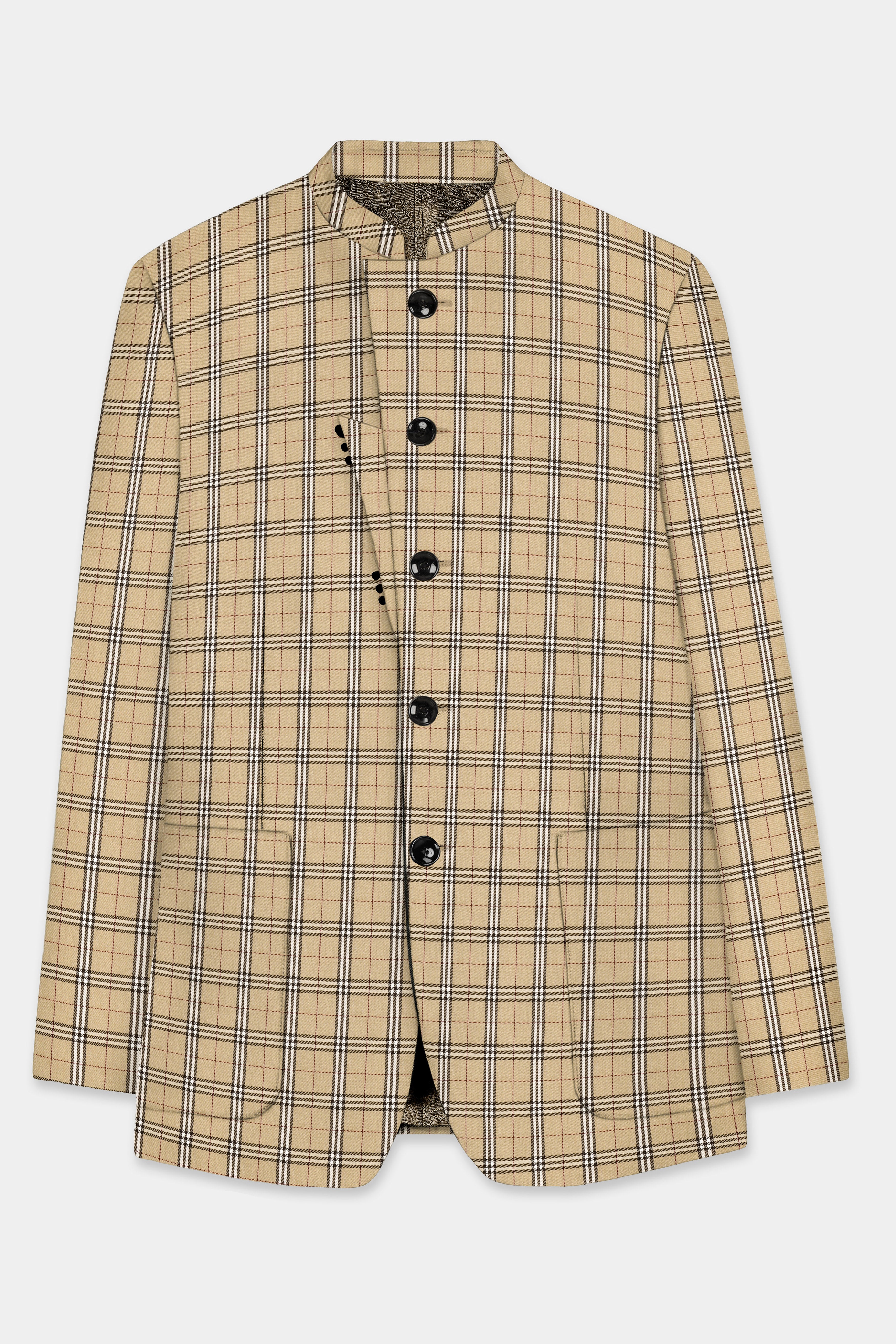 Noble Tones-Sandal Cream Plaid Wool Rich Bandhgala Designer Blazer