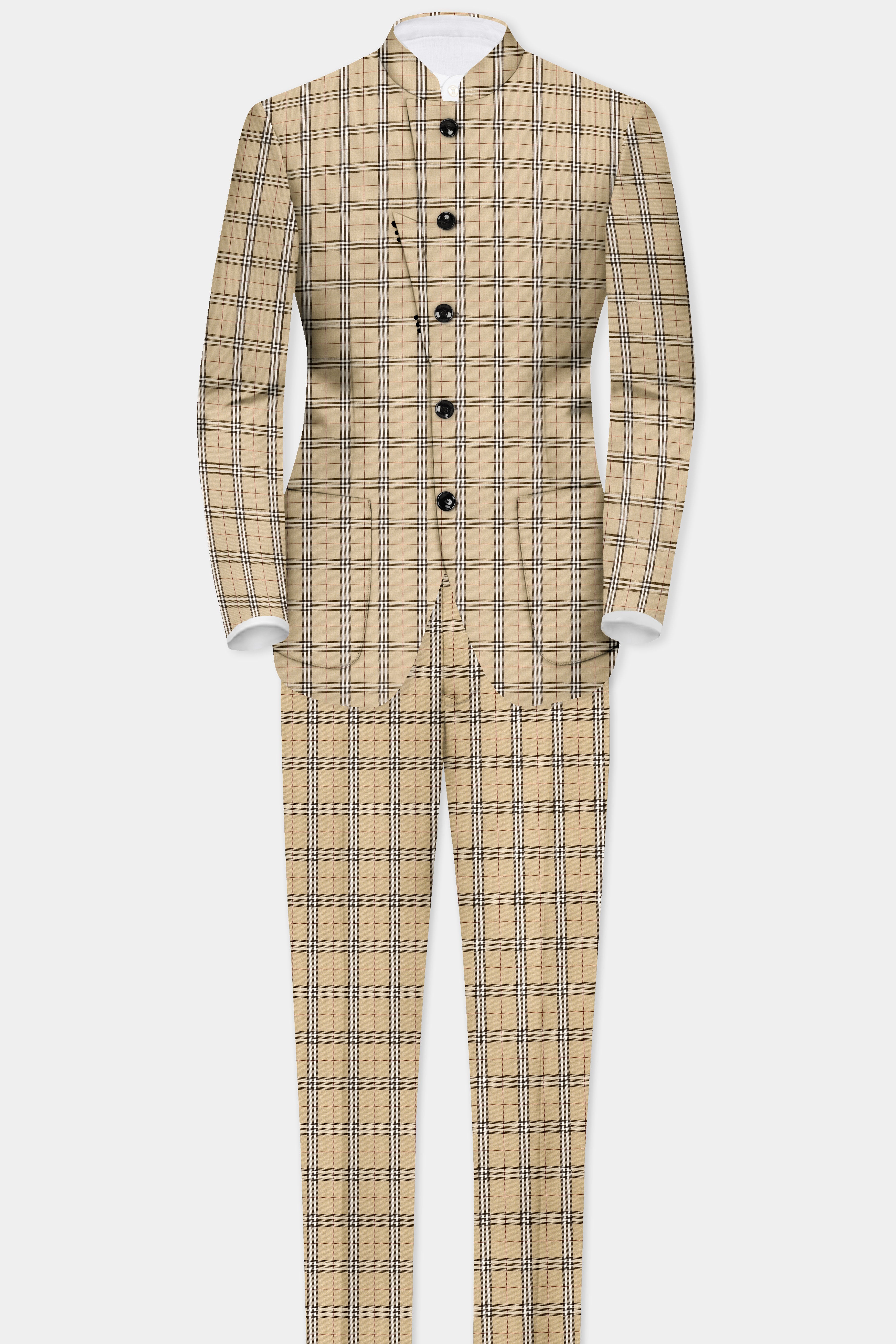 Noble Tones-Sandal Cream Plaid Wool Rich Bandhgala Designer Blazer