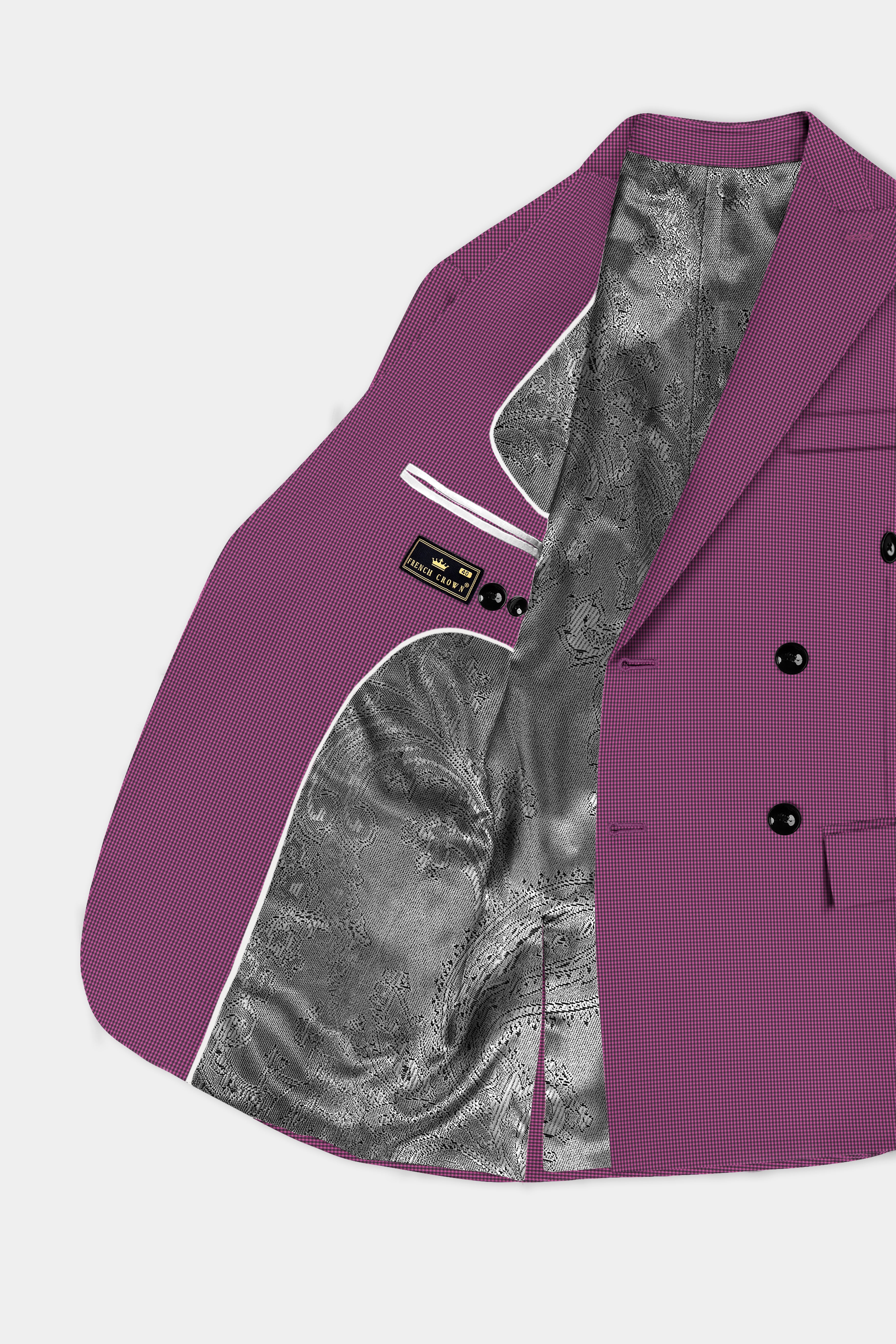 Orchid-Plum Pink Gingham Plaid Wool Rich Double Breasted Blazer