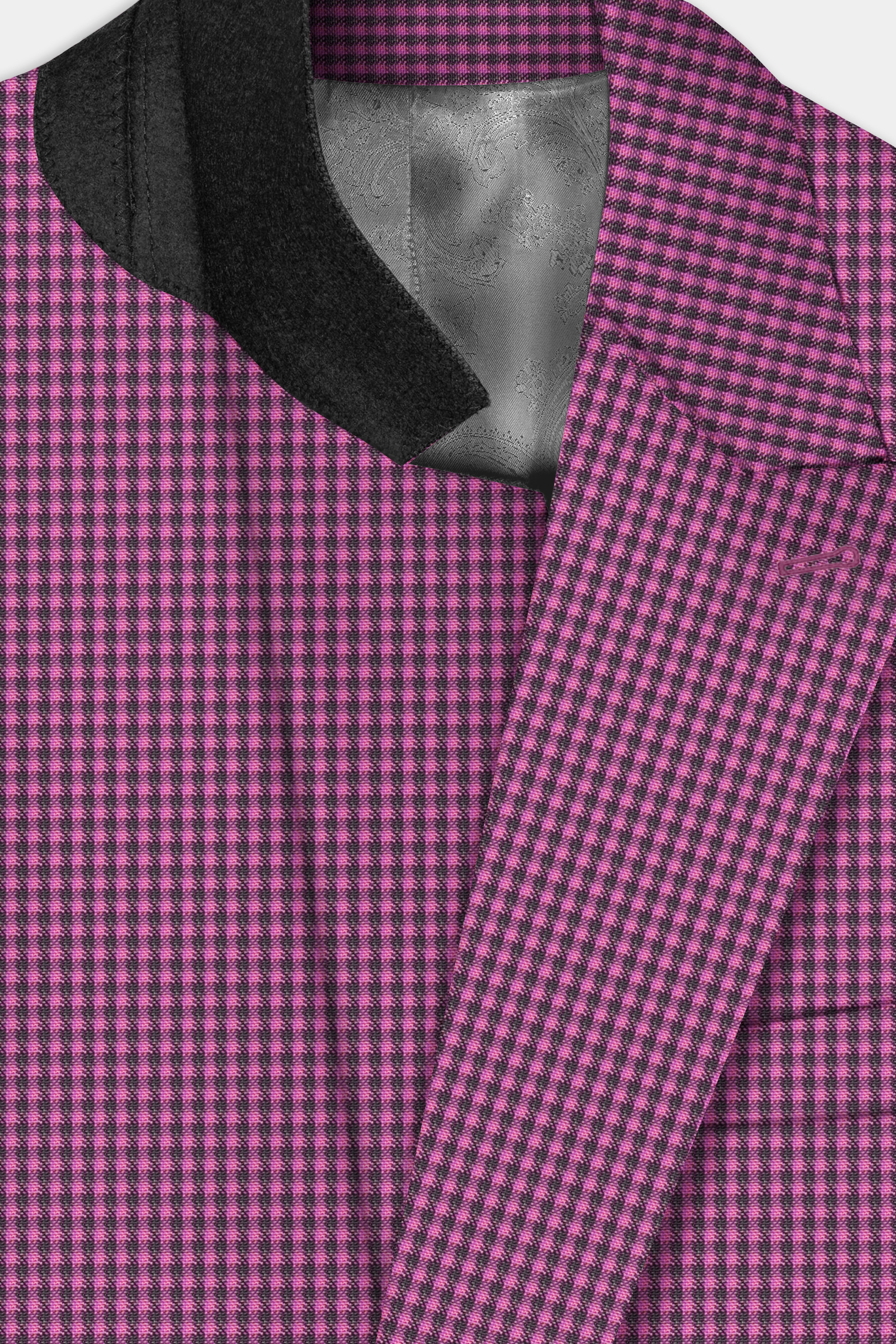 Orchid-Plum Pink Gingham Plaid Wool Rich Double Breasted Blazer