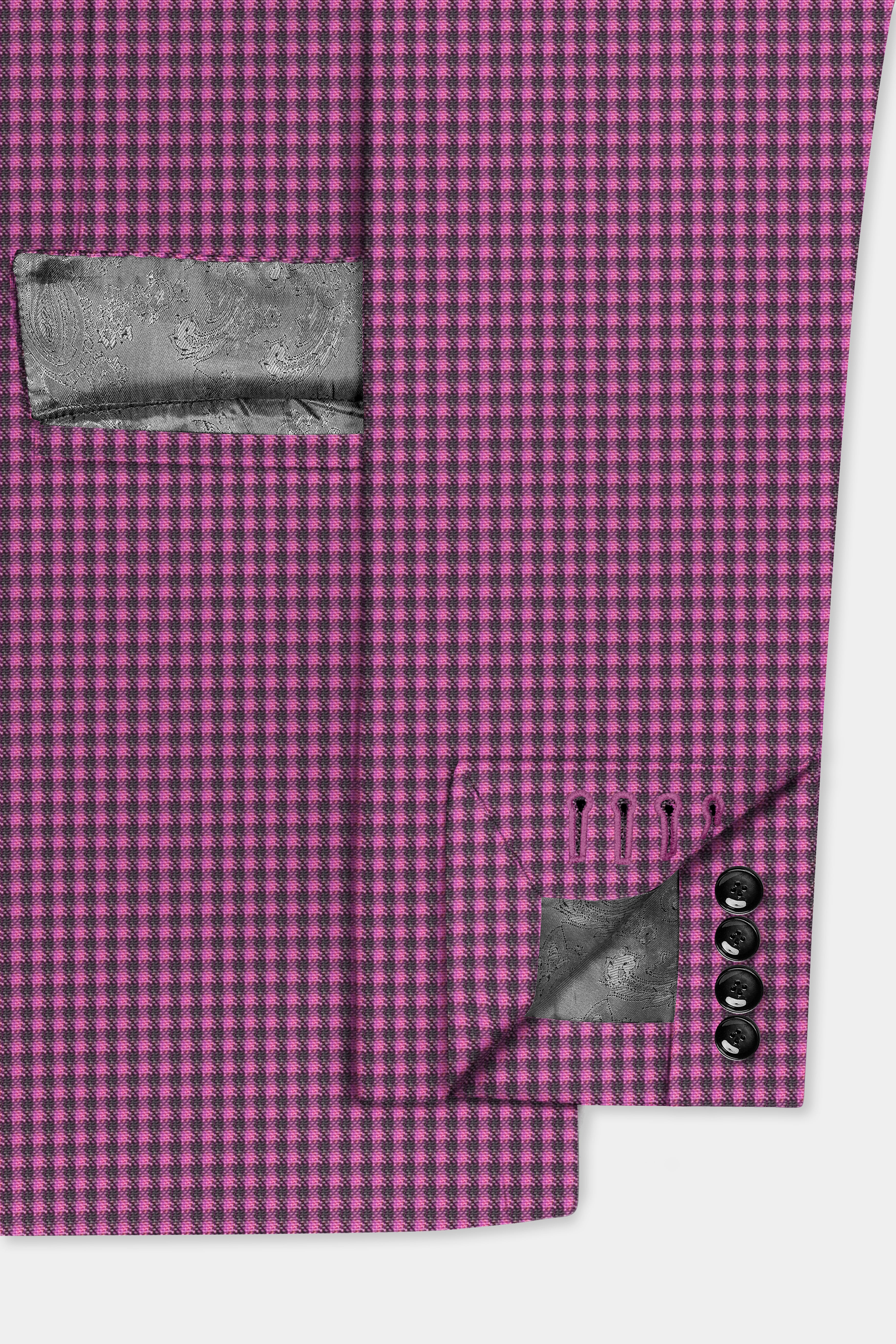 Orchid-Plum Pink Gingham Plaid Wool Rich Double Breasted Blazer