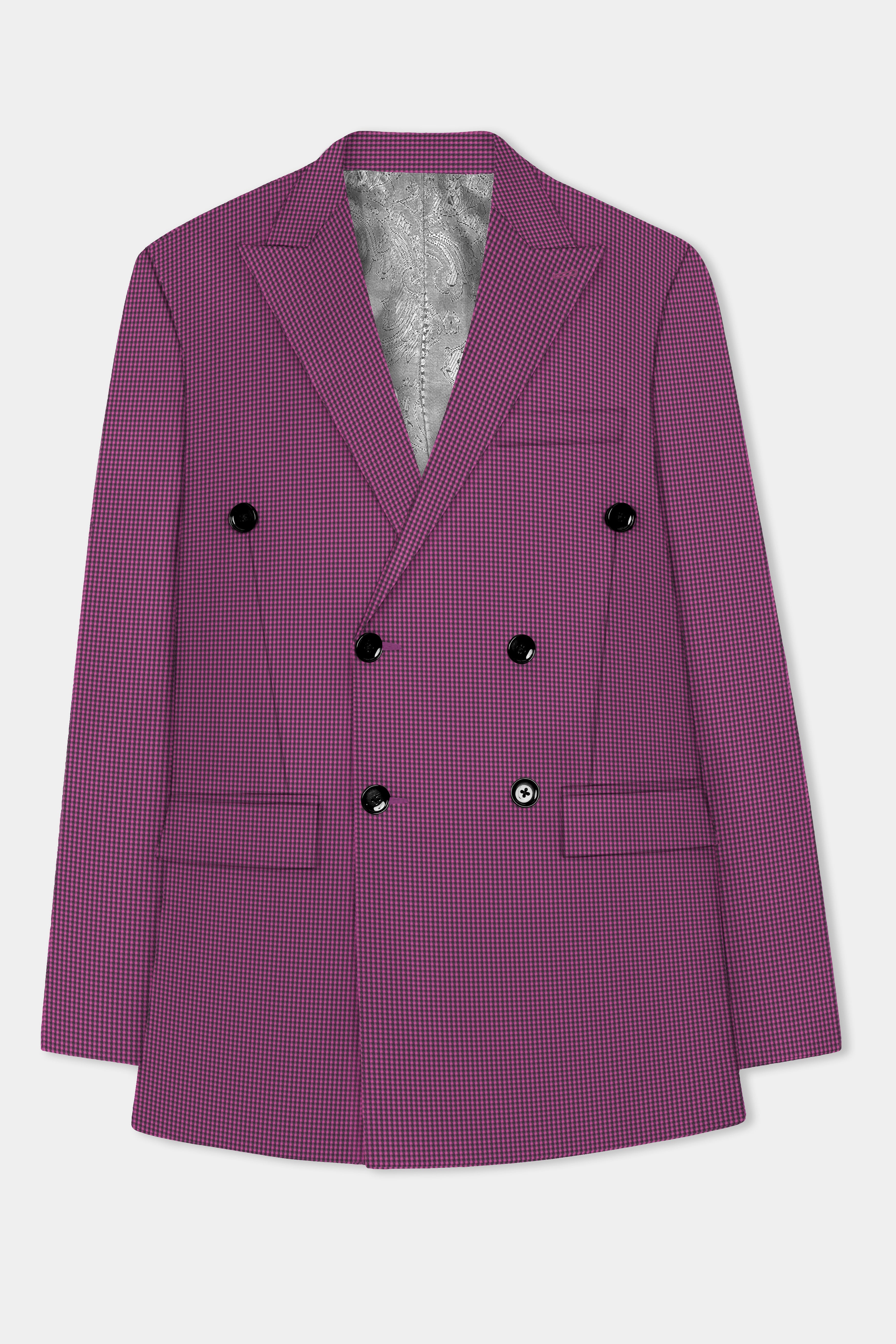 Orchid-Plum Pink Gingham Plaid Wool Rich Double Breasted Blazer