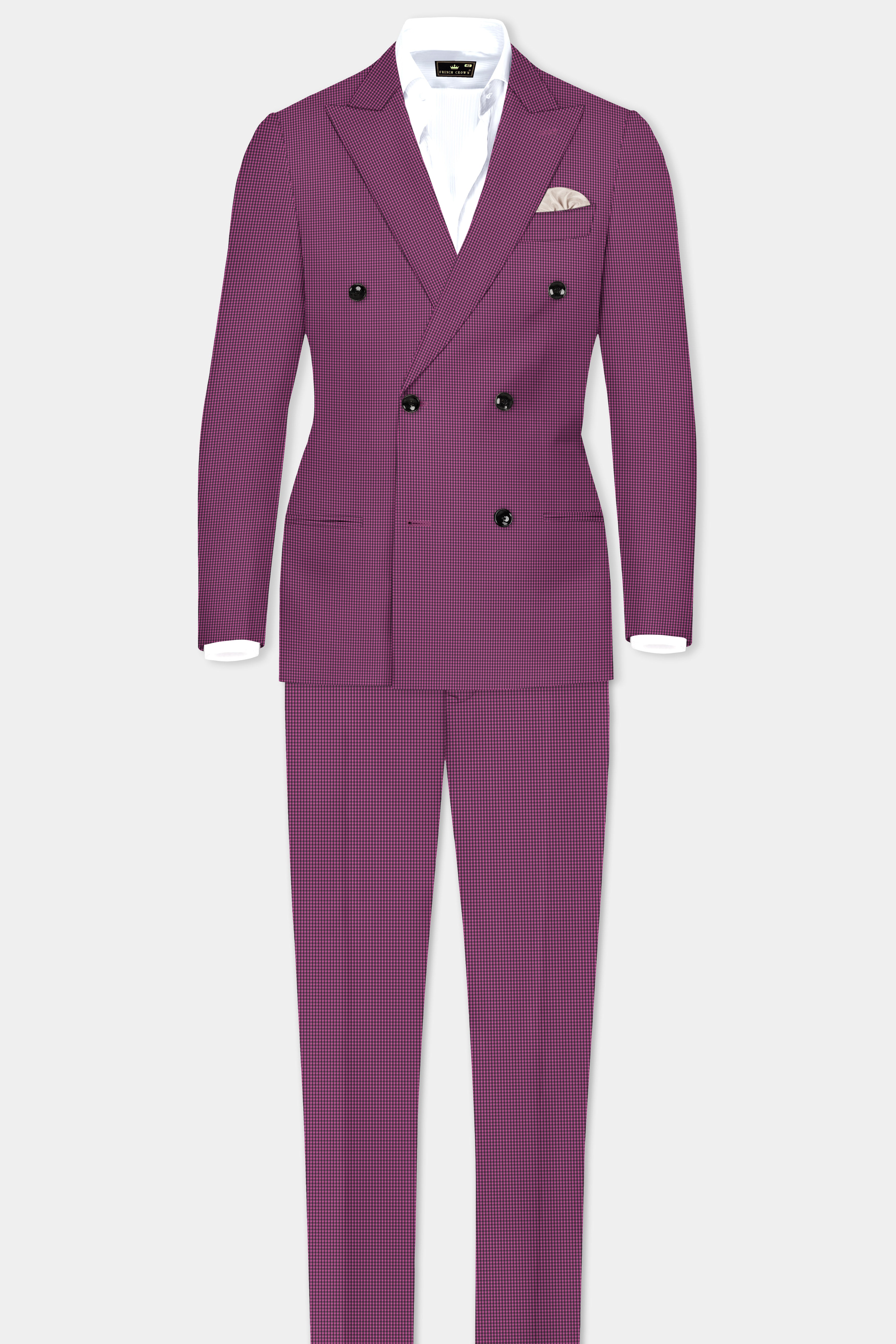 Orchid-Plum Pink Gingham Plaid Wool Rich Double Breasted Blazer