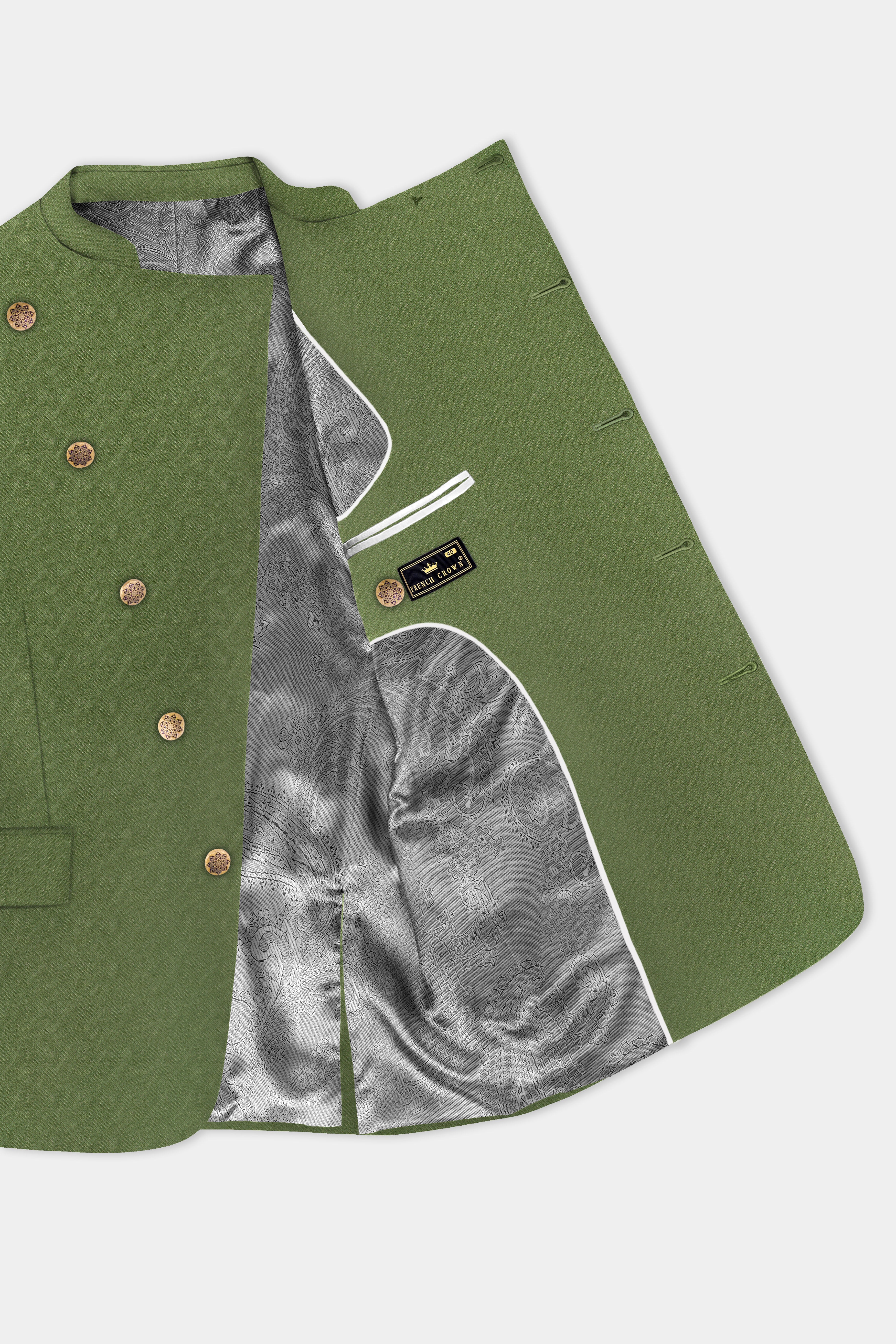 Verdure-Finch Green Solid Tweed Cross Placket Bandhgala Blazer